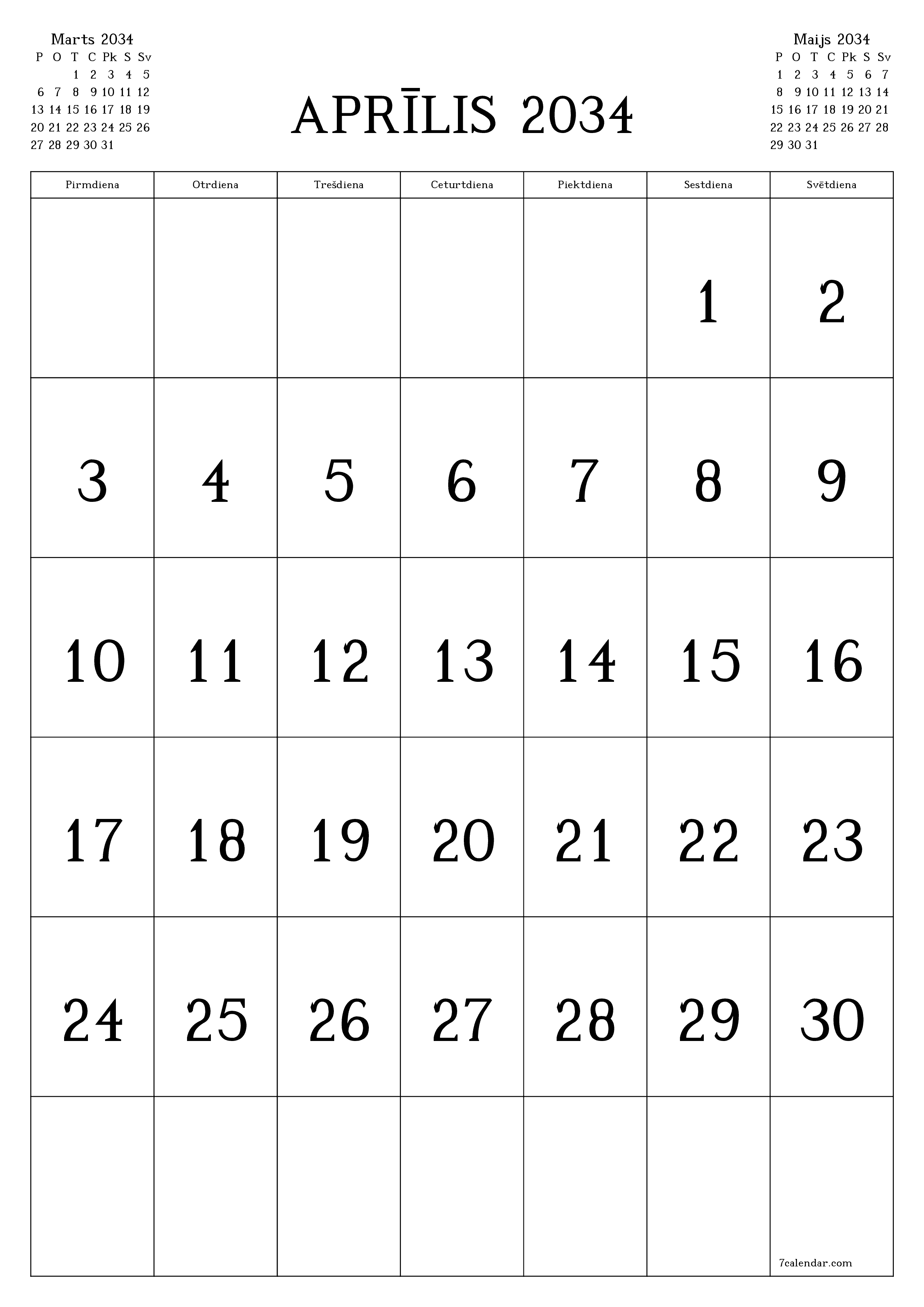 izdrukājams sienas kalendāra veidne bezmaksas vertikāli Mēneša kalendārs Aprīlis (Apr) 2034