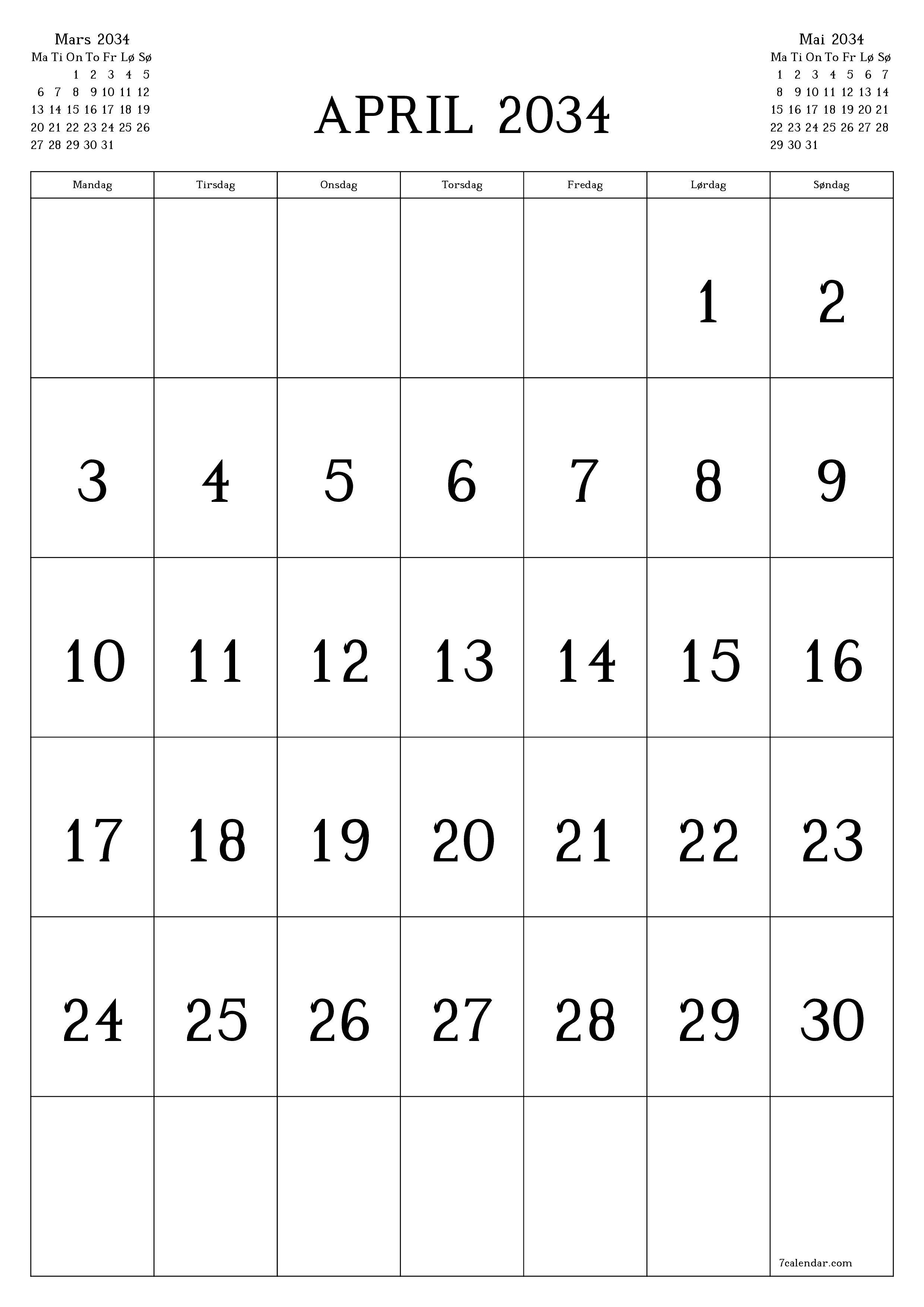 utskrivbar vegg mal gratis vertikal Månedlig kalender April (Apr) 2034