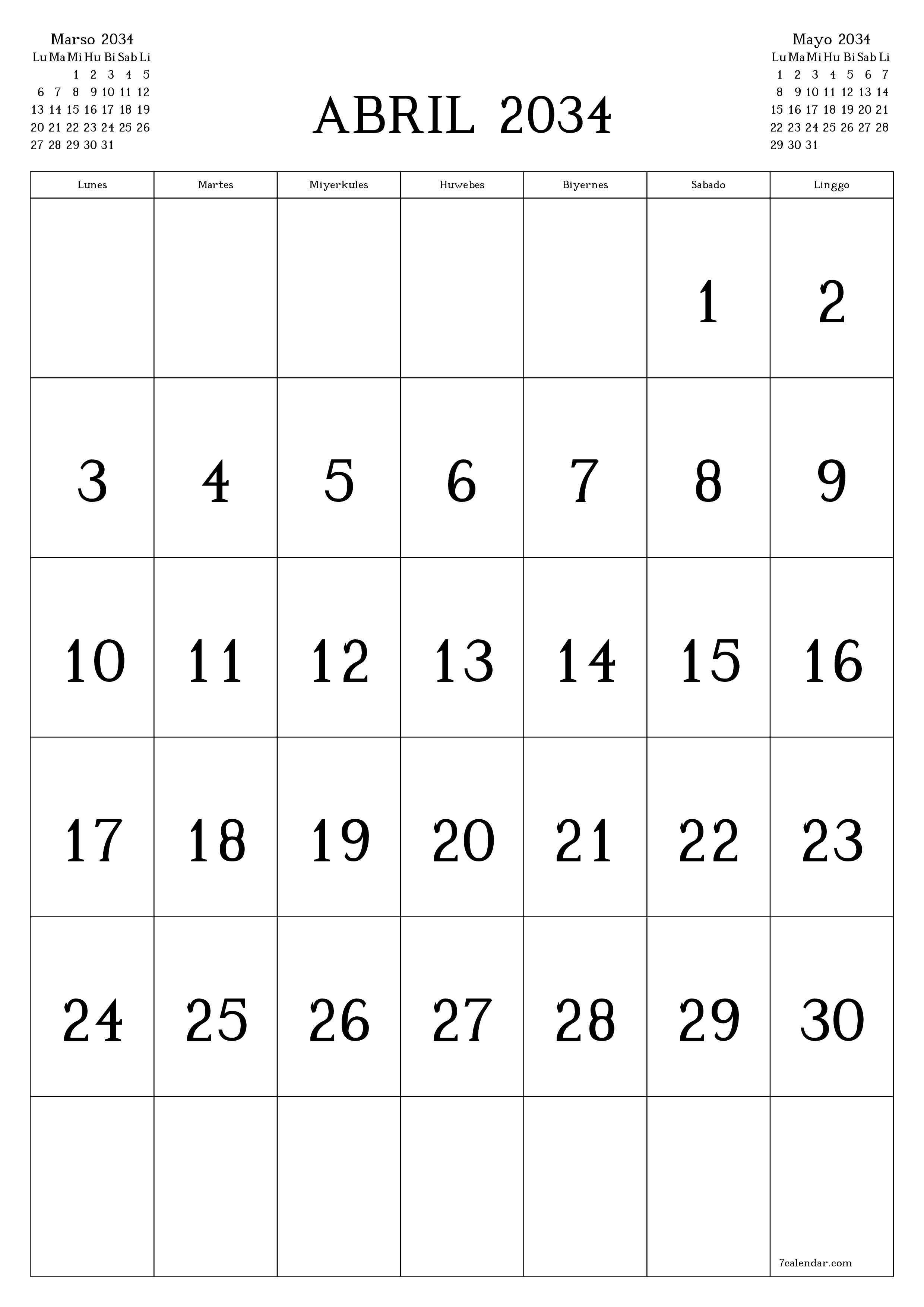 Walang laman na buwanang tagaplano para sa buwan na Abril 2034 na may mga tala, i-save at i-print sa PDF PNG Filipino