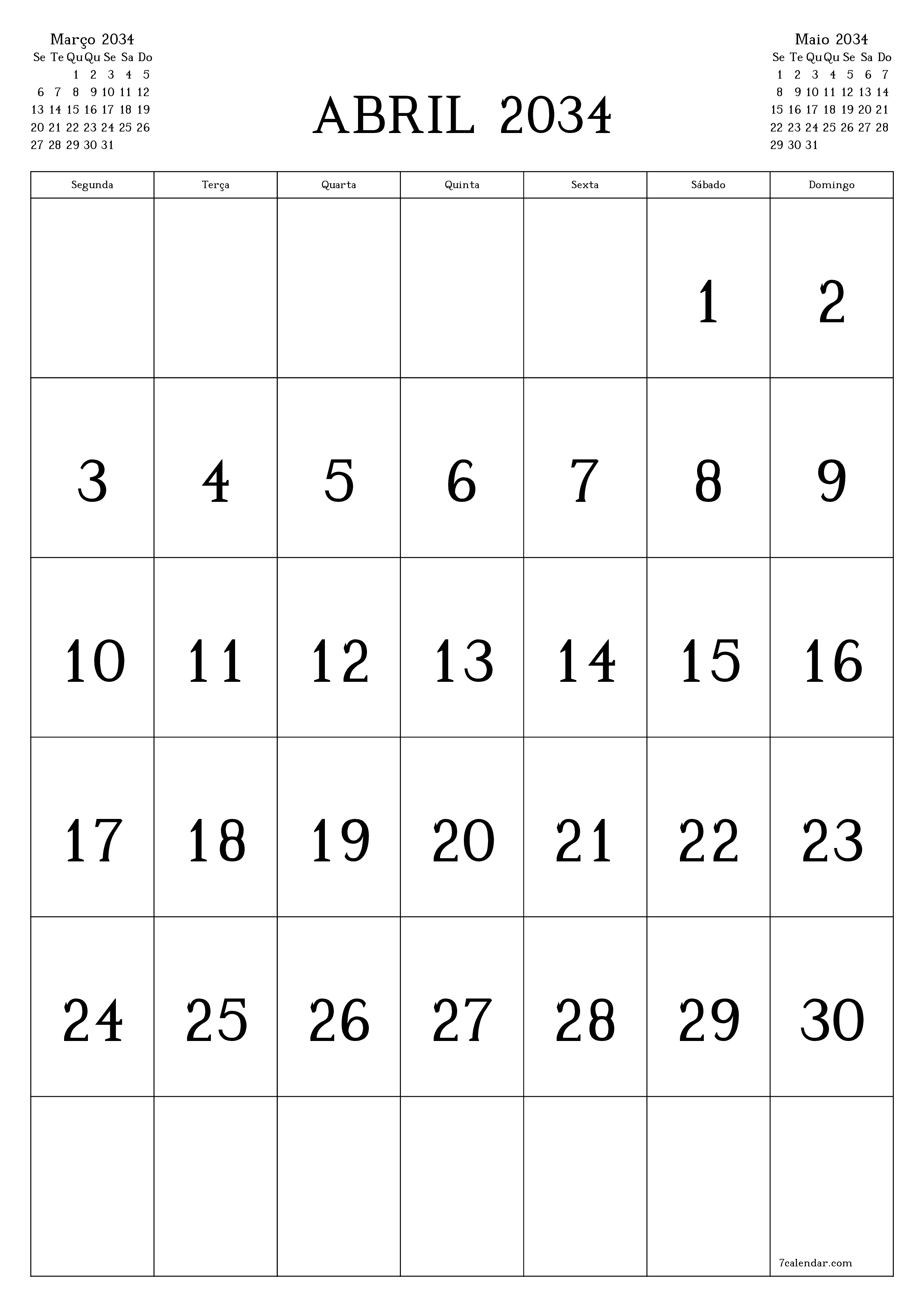  para impressão de parede modelo de grátisvertical Mensal calendário Abril (Abr) 2034