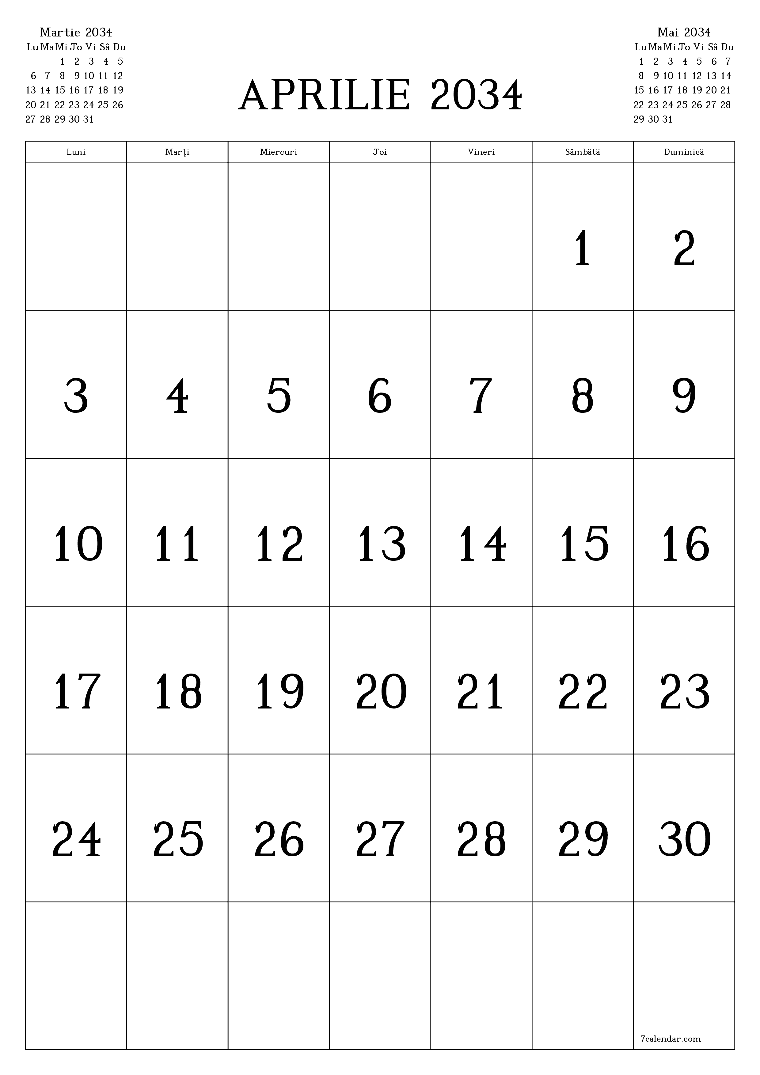  imprimabil de perete șablon de gratuitvertical Lunar calendar Aprilie (Apr) 2034