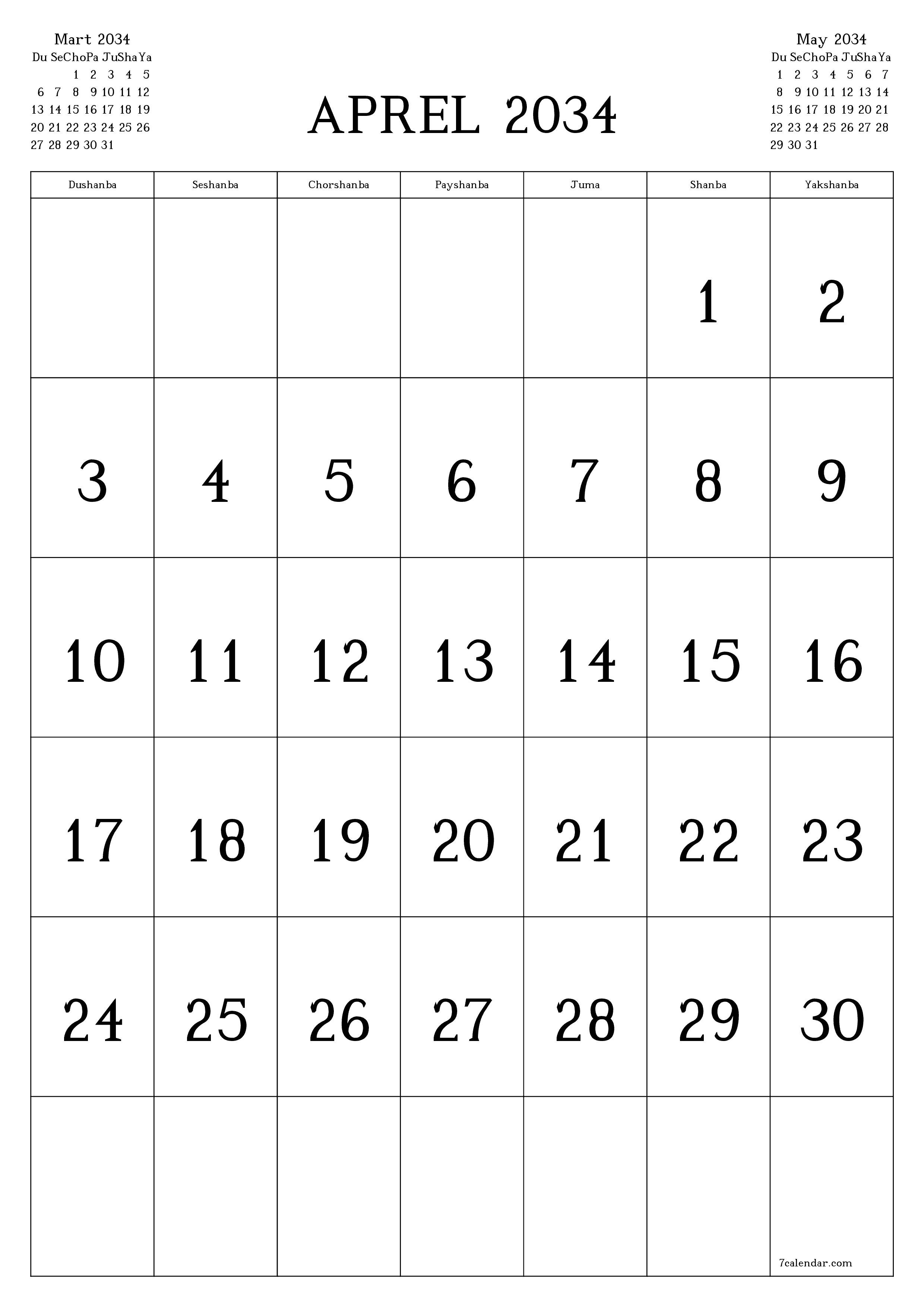 chop etiladigan devor taqvimi shabloni bepul vertikal Oylik kalendar Aprel (Apr) 2034