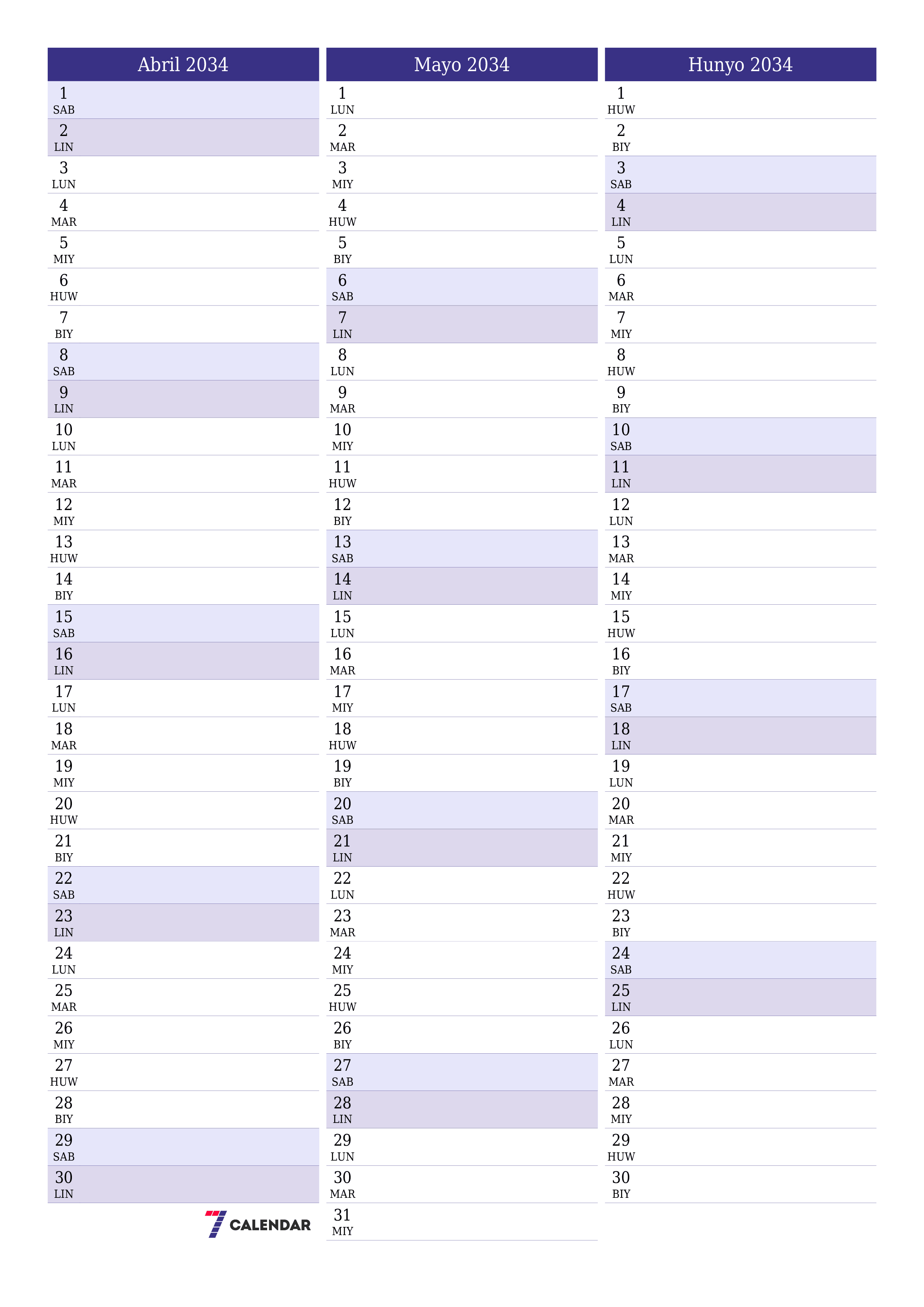 Walang laman na buwanang tagaplano para sa buwan na Abril 2034 na may mga tala, i-save at i-print sa PDF PNG Filipino