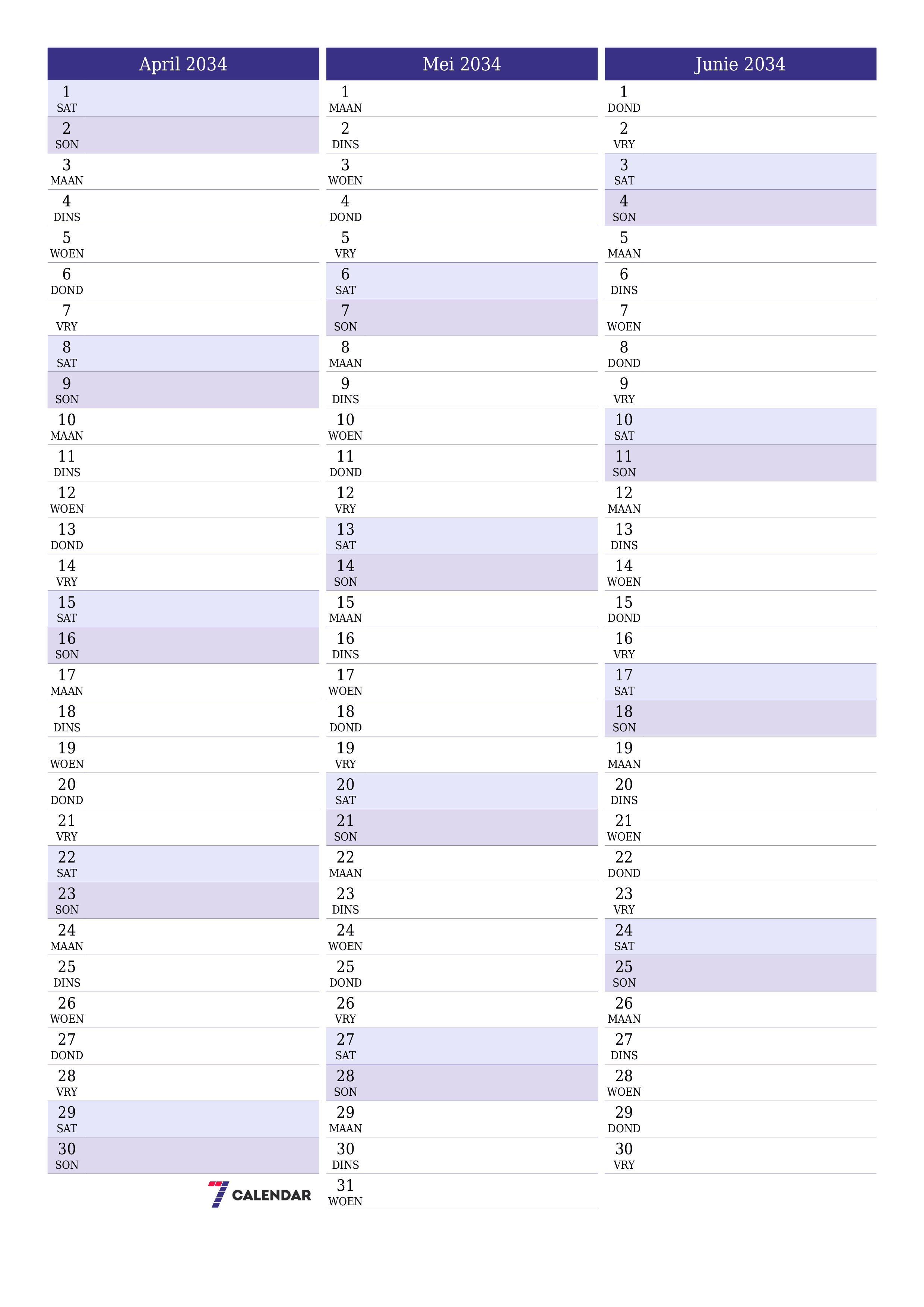 Leë maandelikse drukbare kalender en beplanner vir maand April 2034 met notas stoor en druk na PDF PNG Afrikaans