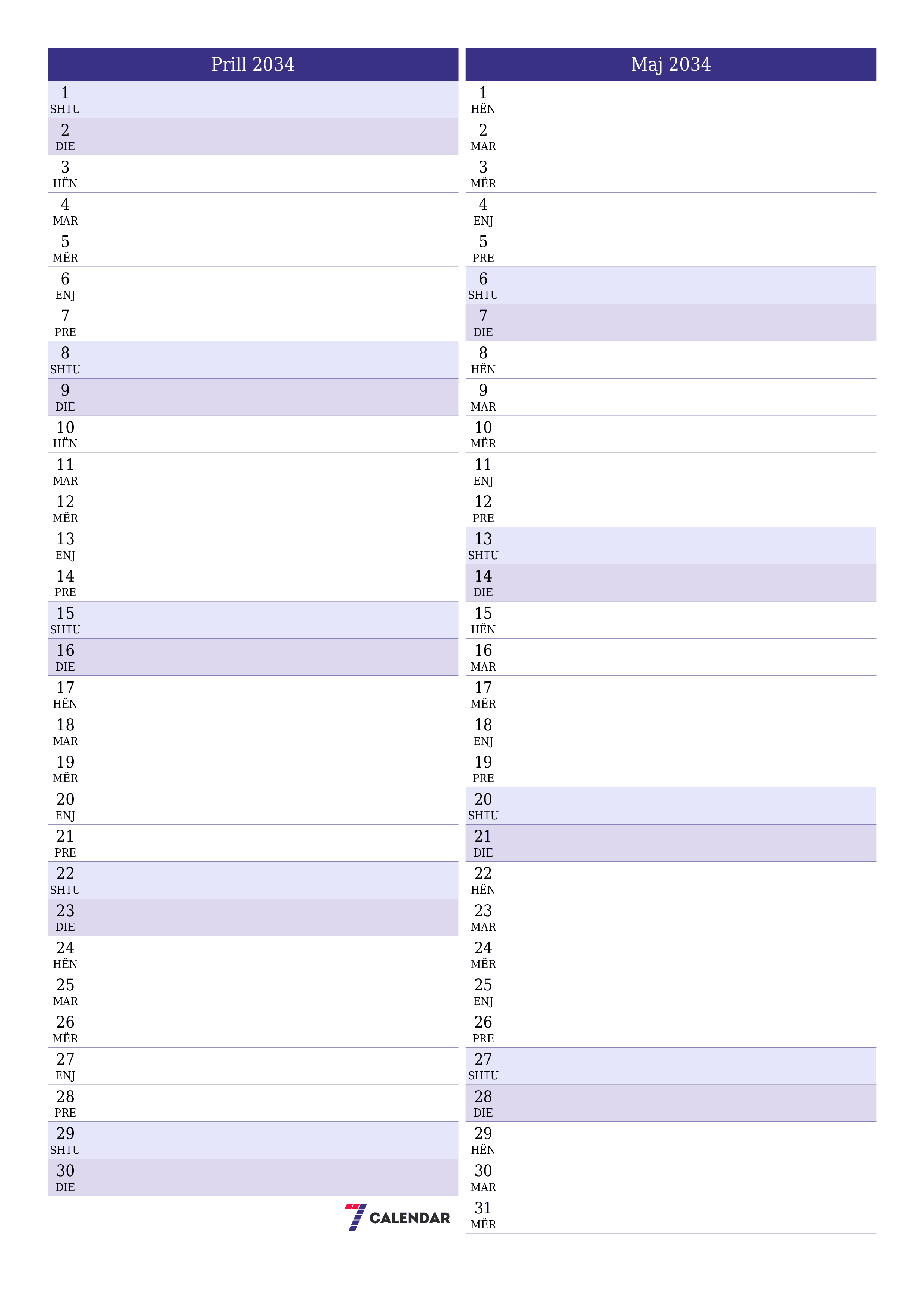 Planifikuesi i zbrazët i kalendarit mujor për muajin Prill 2034 me shënime të ruajtura dhe të printuara në PDF PNG Albanian