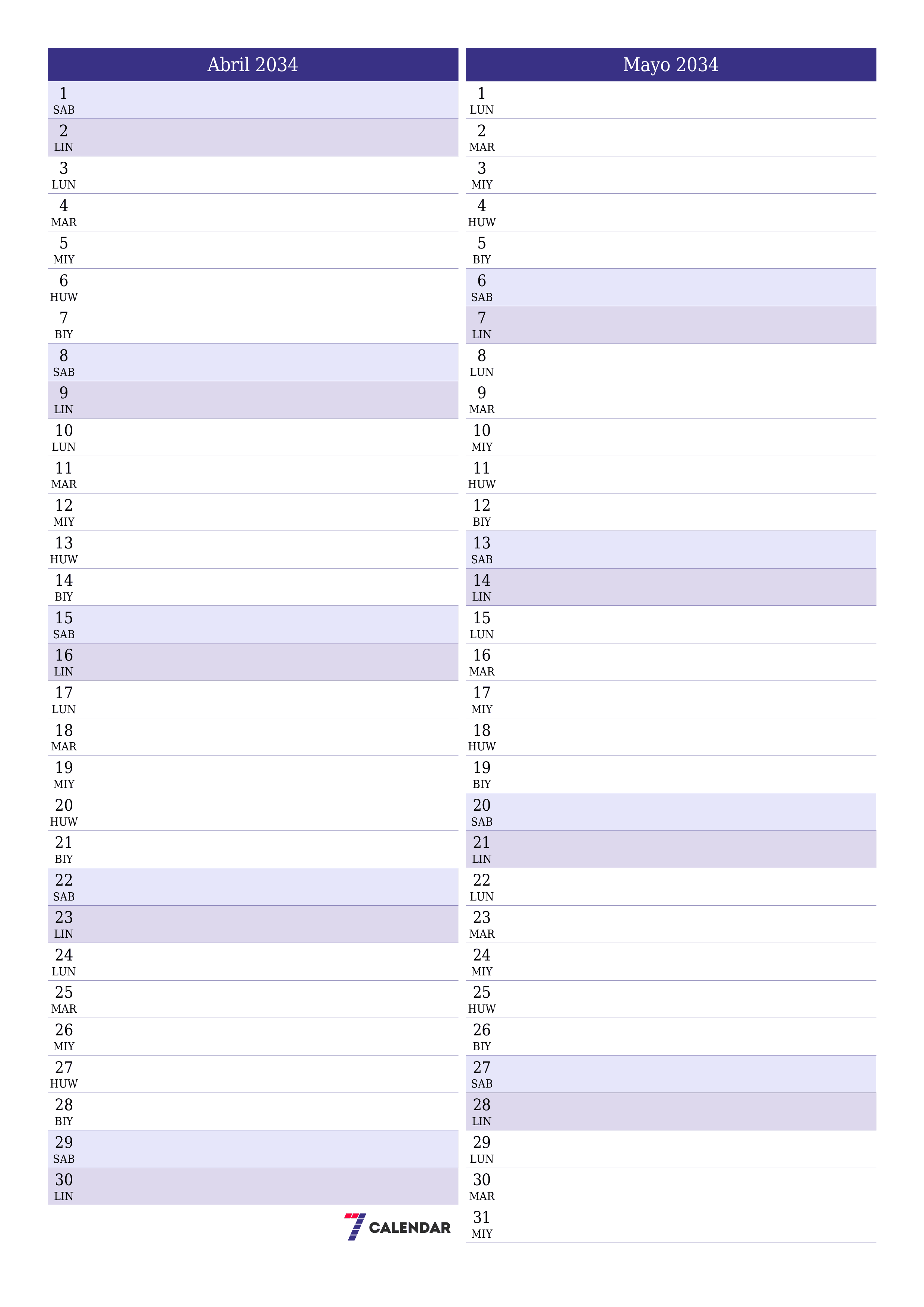 Walang laman na buwanang tagaplano para sa buwan na Abril 2034 na may mga tala, i-save at i-print sa PDF PNG Filipino