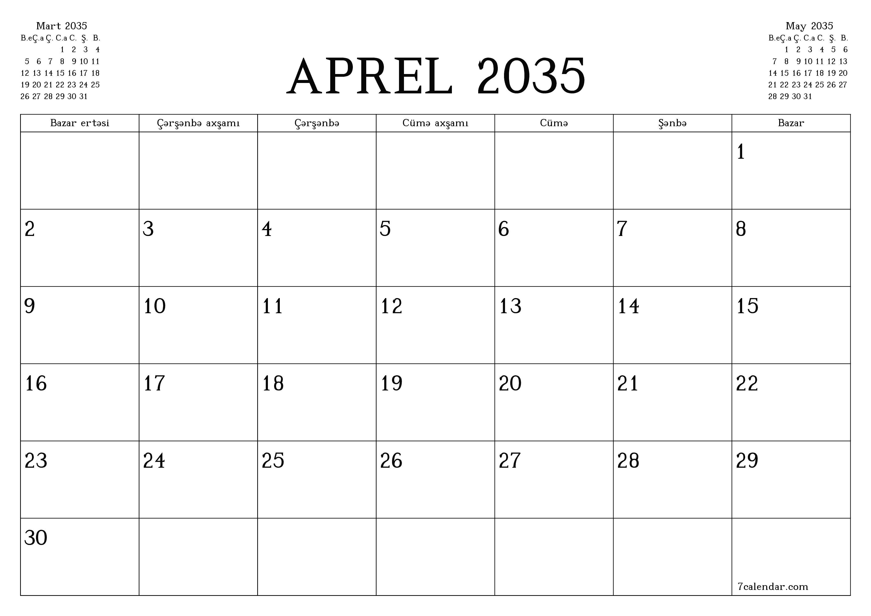 Aprel 2035 ayı üçün qeydlər ilə boş aylıq planlayıcı, qeyd edin və PDF-ə yazdırın PNG Azerbaijani