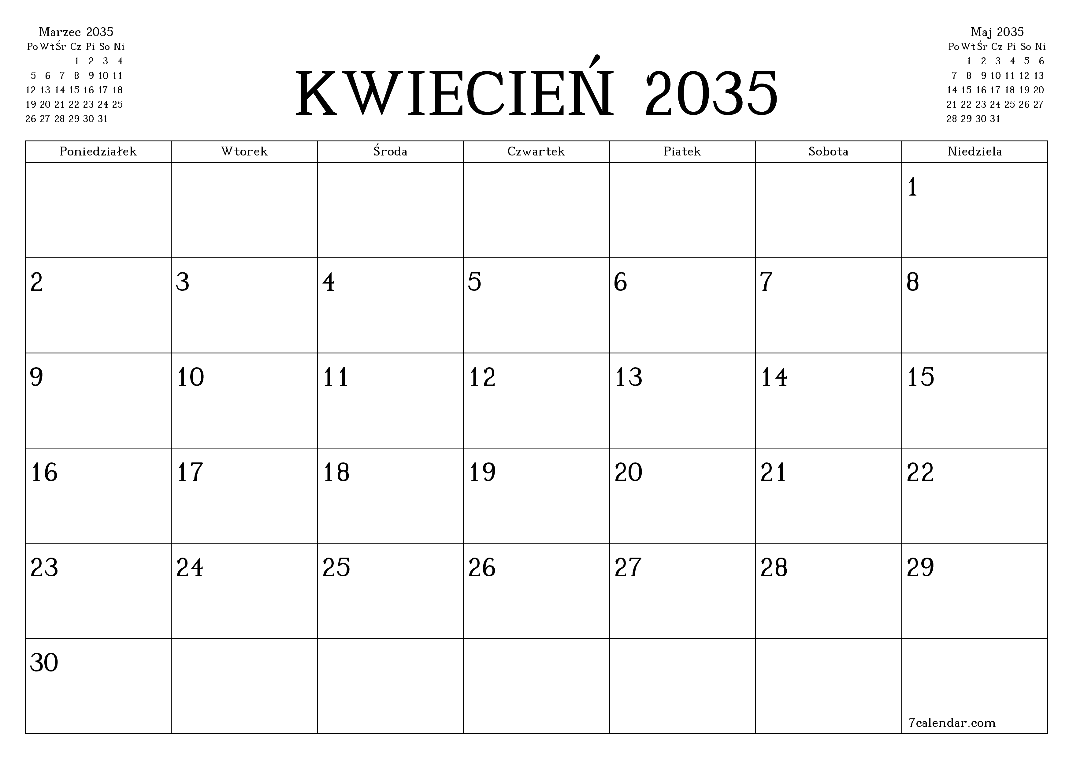 Opróżnij miesięczny planer na miesiąc Kwiecień 2035 z notatkami, zapisz i wydrukuj w formacie PDF PNG Polish