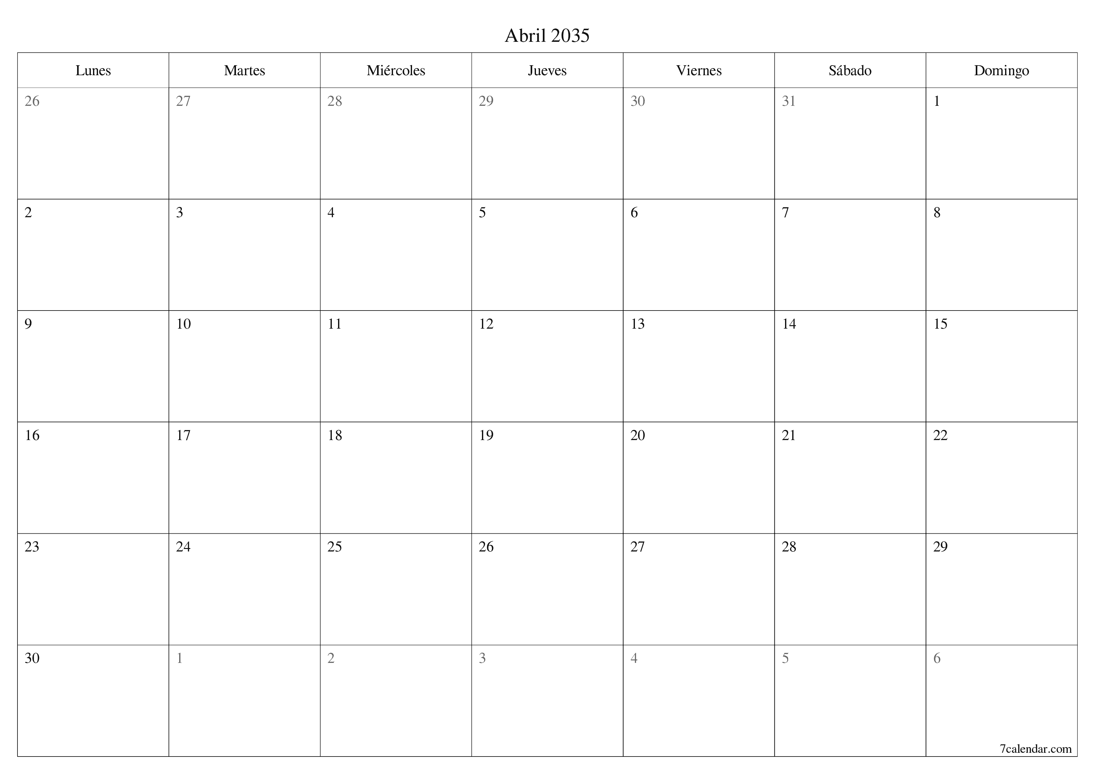 Planificador mensual vacío para el mes Abril 2035 con notas, guardar e imprimir en PDF PNG Spanish