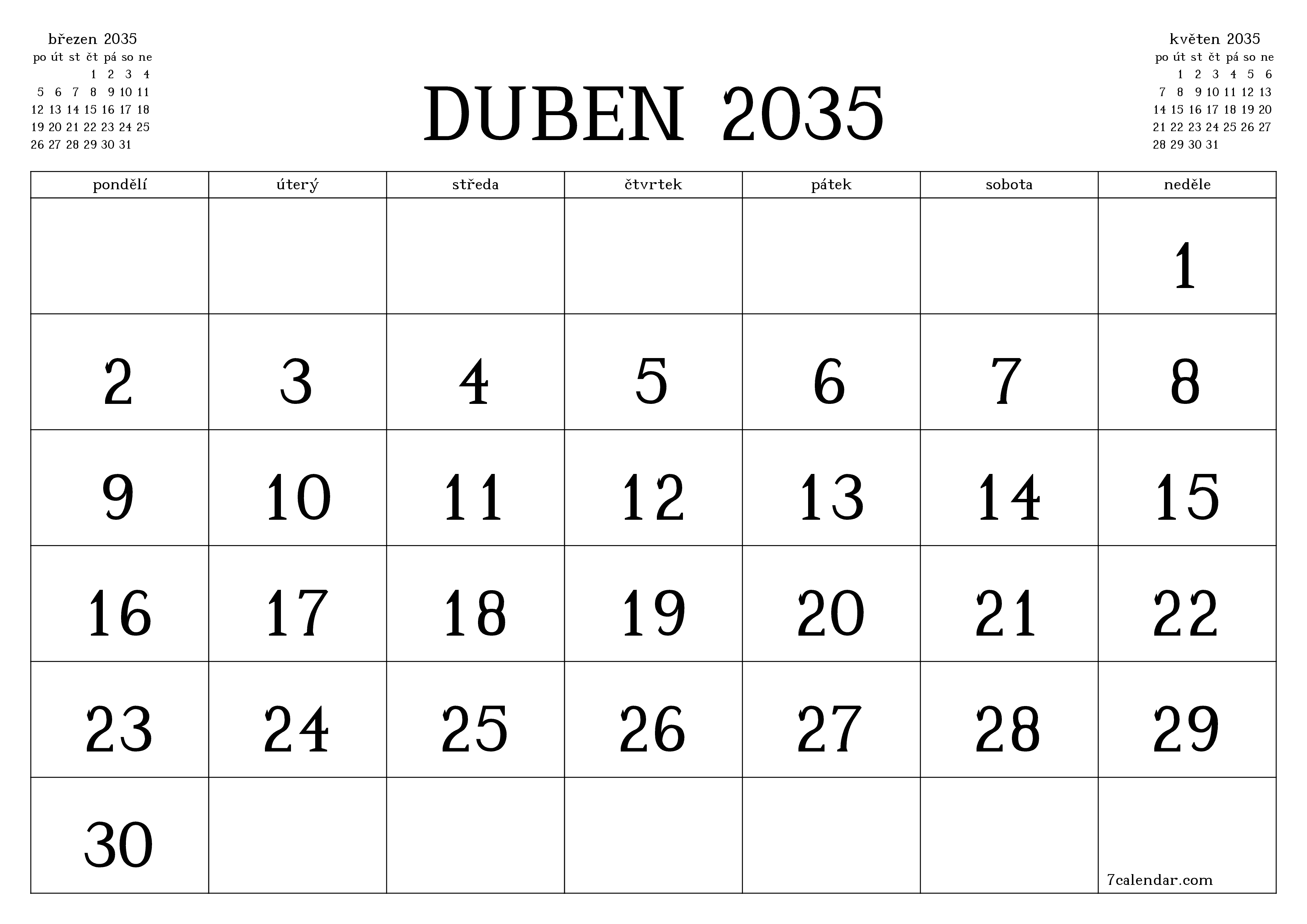 Vyprázdnit měsíční plánovač na měsíc duben 2035 s poznámkami, uložit a vytisknout do PDF PNG Czech