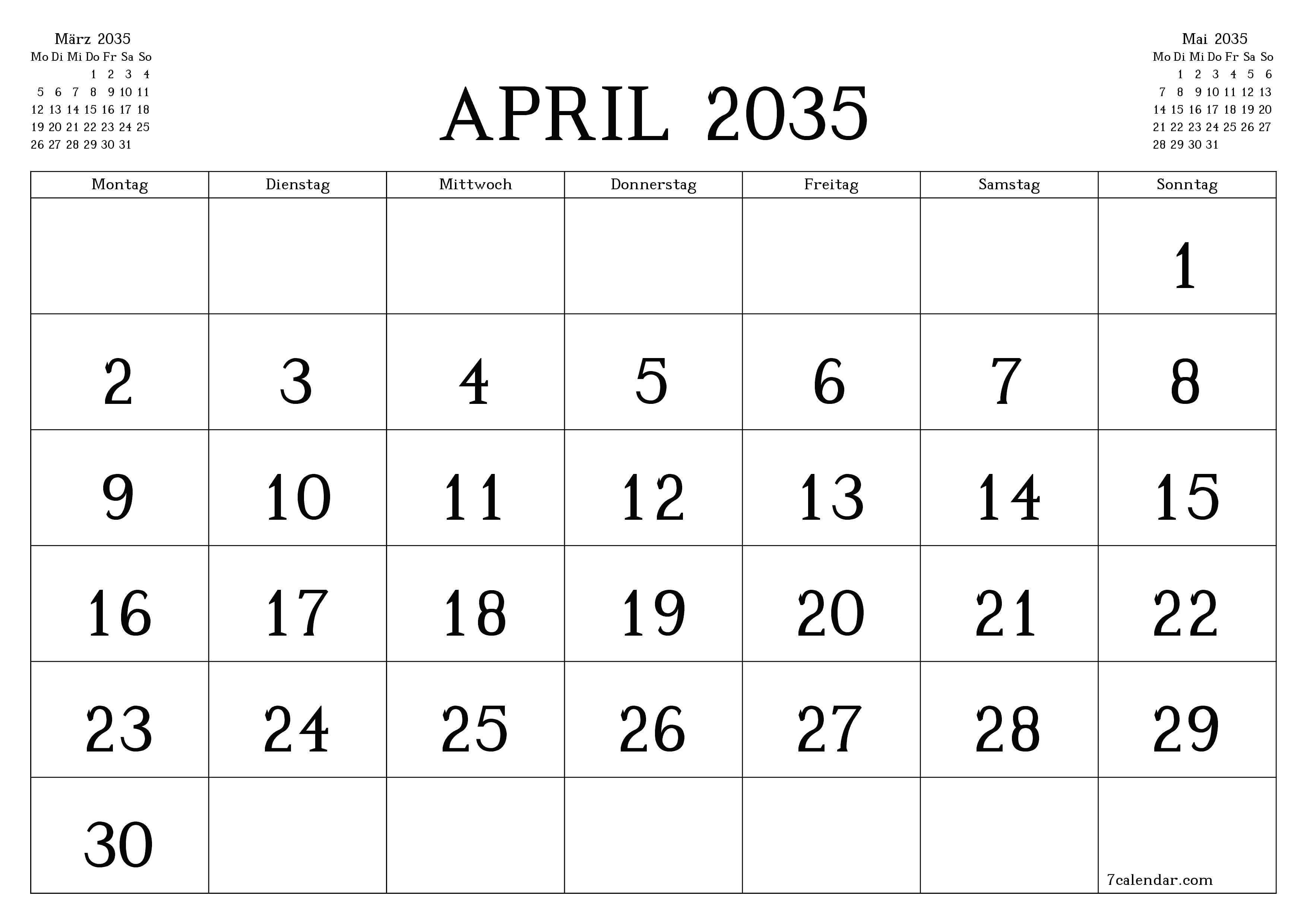 Monatsplaner für Monat April 2035 mit Notizen leeren, speichern und als PDF PNG German - 7calendar.com drucken