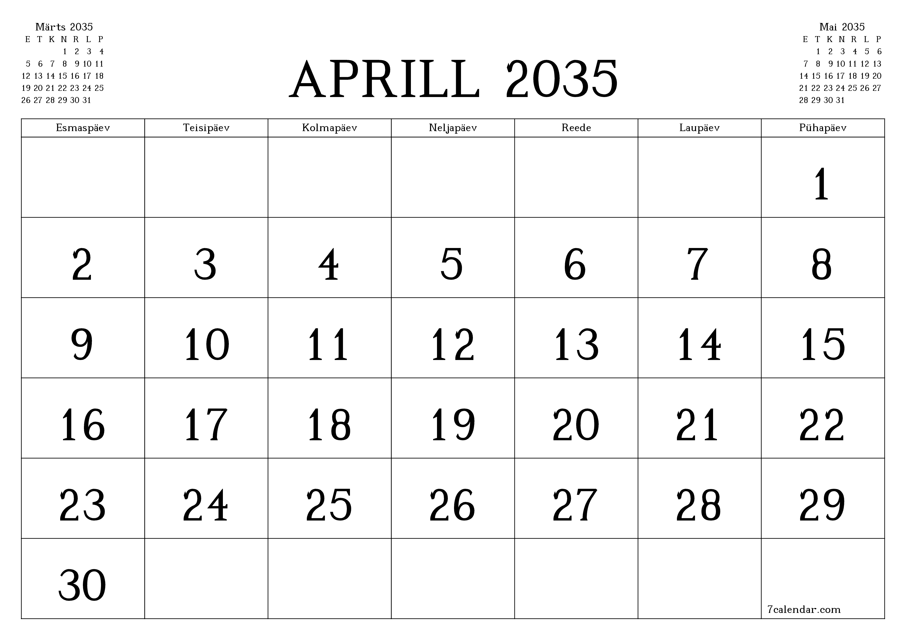 Tühjendage kuu Aprill 2035 kuuplaneerija märkmetega, salvestage ja printige PDF-i PNG Estonian