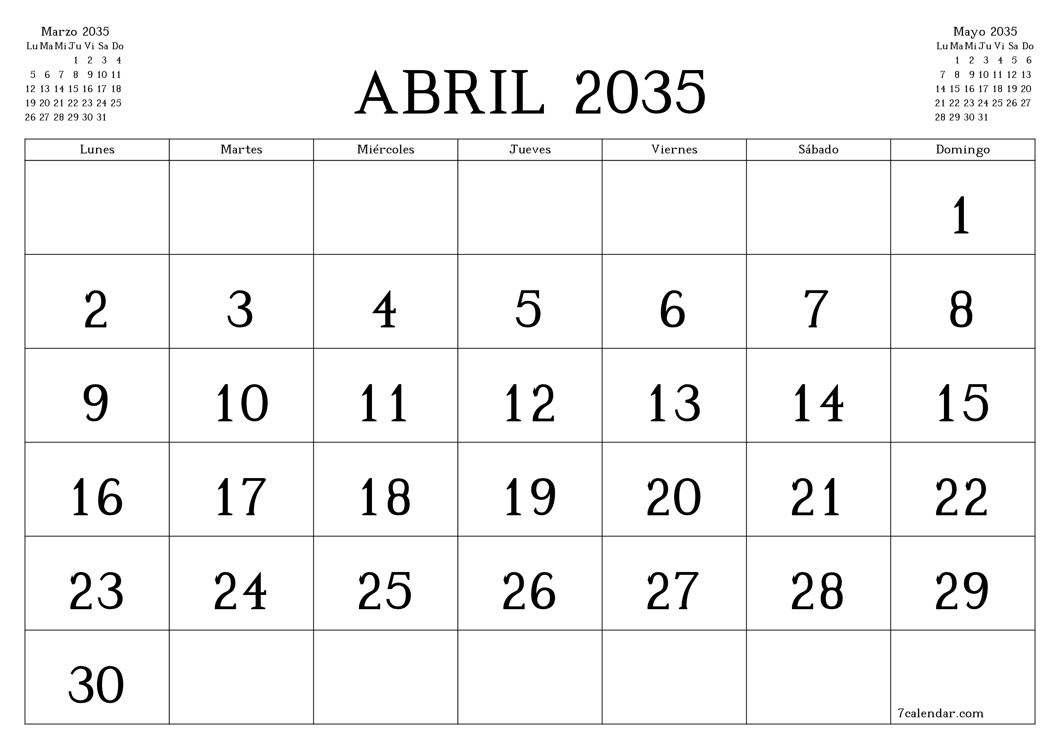 Planificador mensual vacío para el mes Abril 2035 con notas, guardar e imprimir en PDF PNG Spanish
