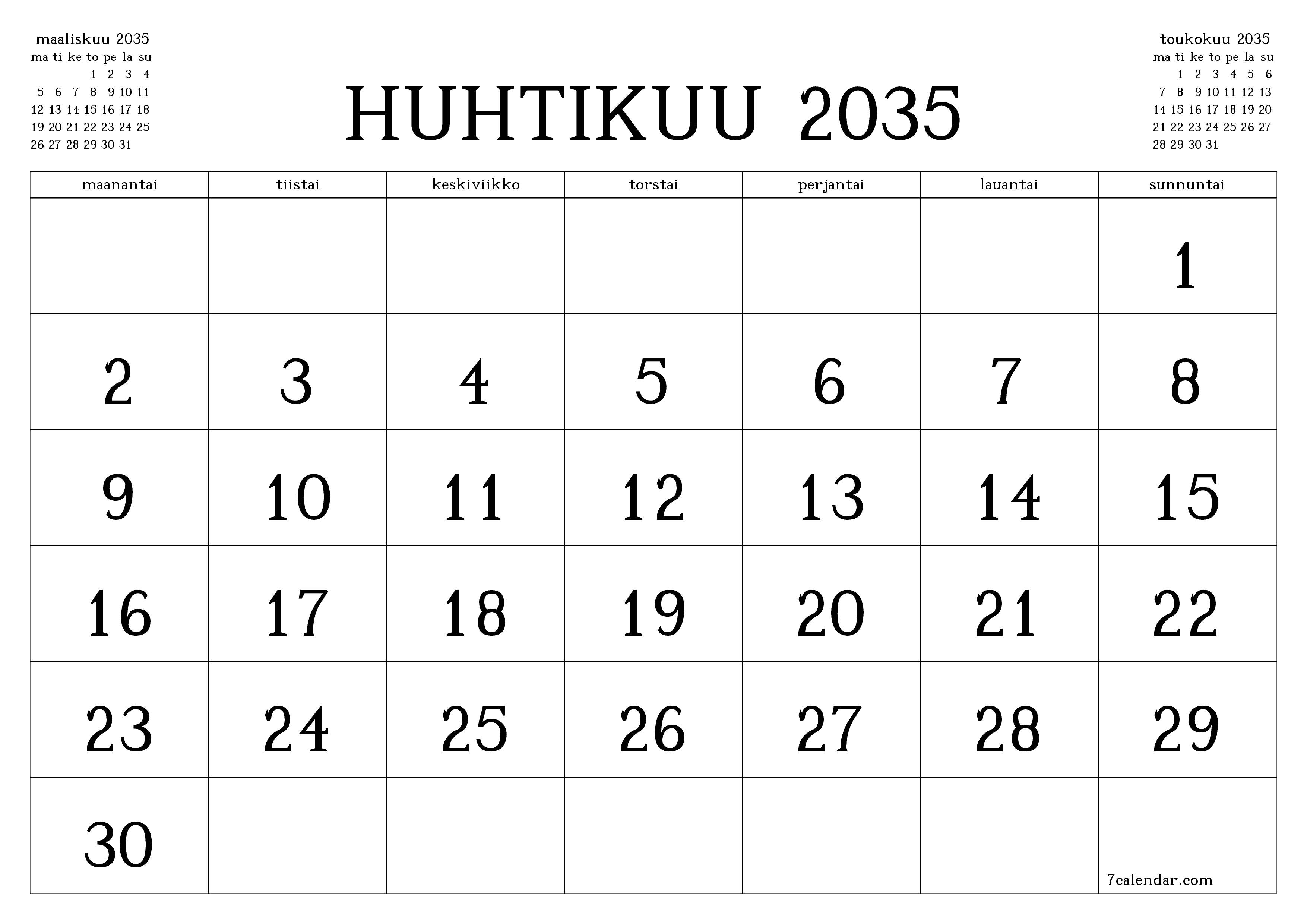 Tyhjennä kuukausittainen suunnittelija kuukaudelle Huhtikuu 2035 muistiinpanoilla, tallenna ja tulosta PDF-muotoon PNG Finnish