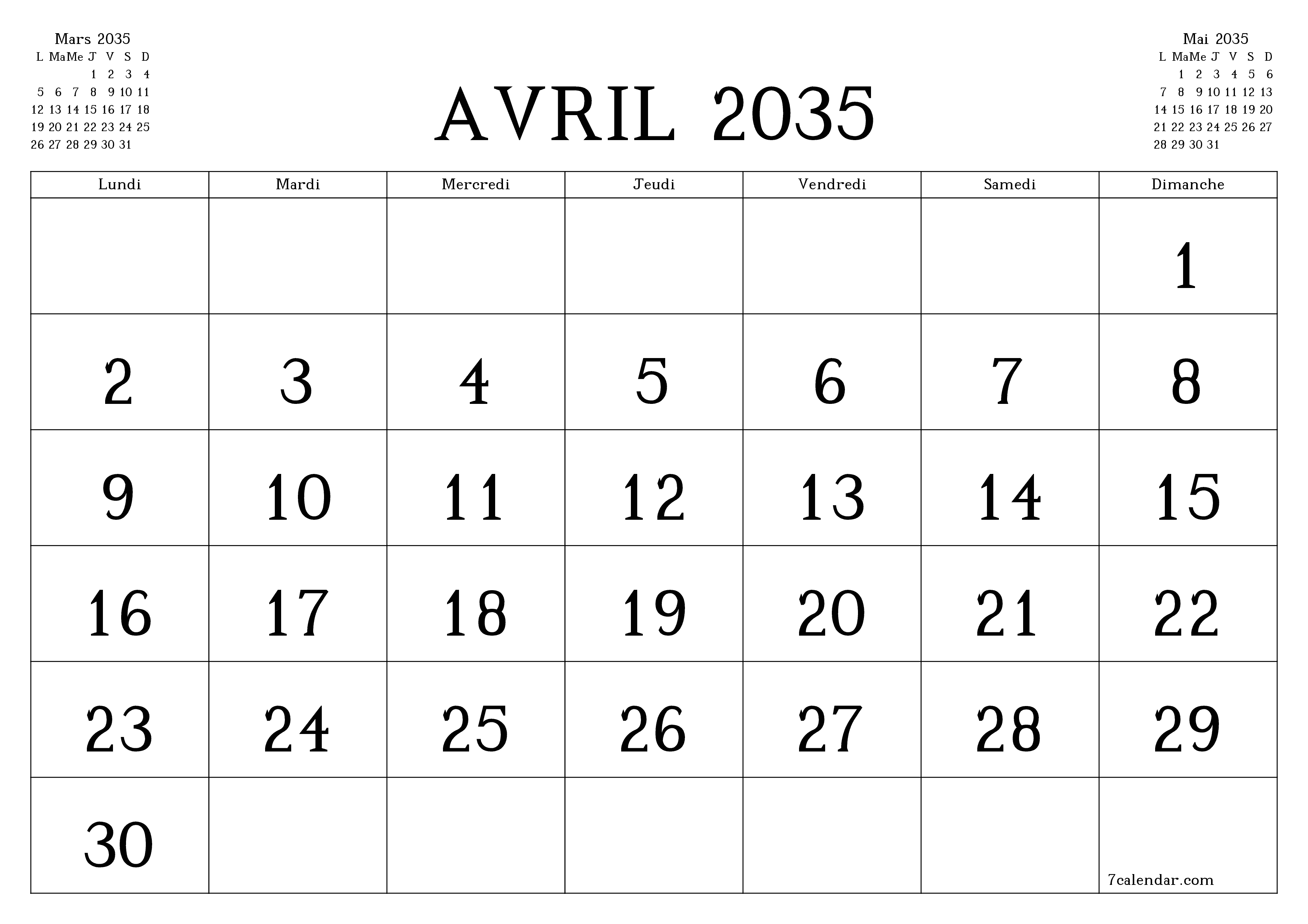 Agenda mensuel vide pour le mois Avril 2035 avec notes, enregistrez et imprimez au format PDF PNG French