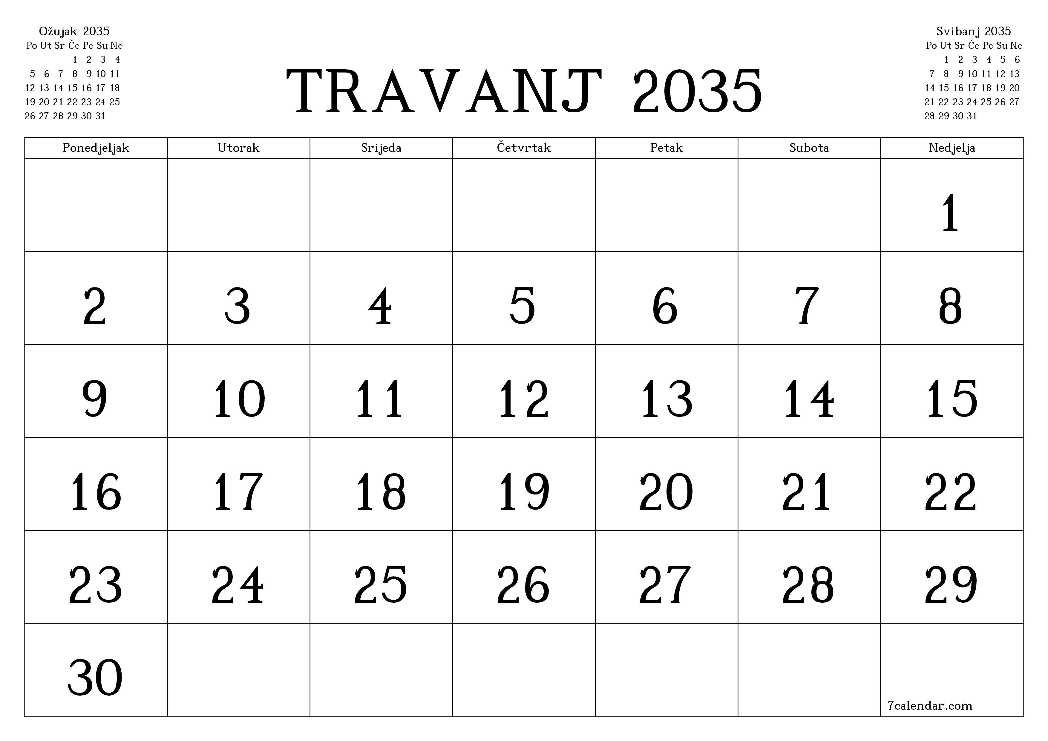 Ispraznite mjesečni planer za mjesec Travanj 2035 s bilješkama, spremite i ispišite u PDF PNG Croatian