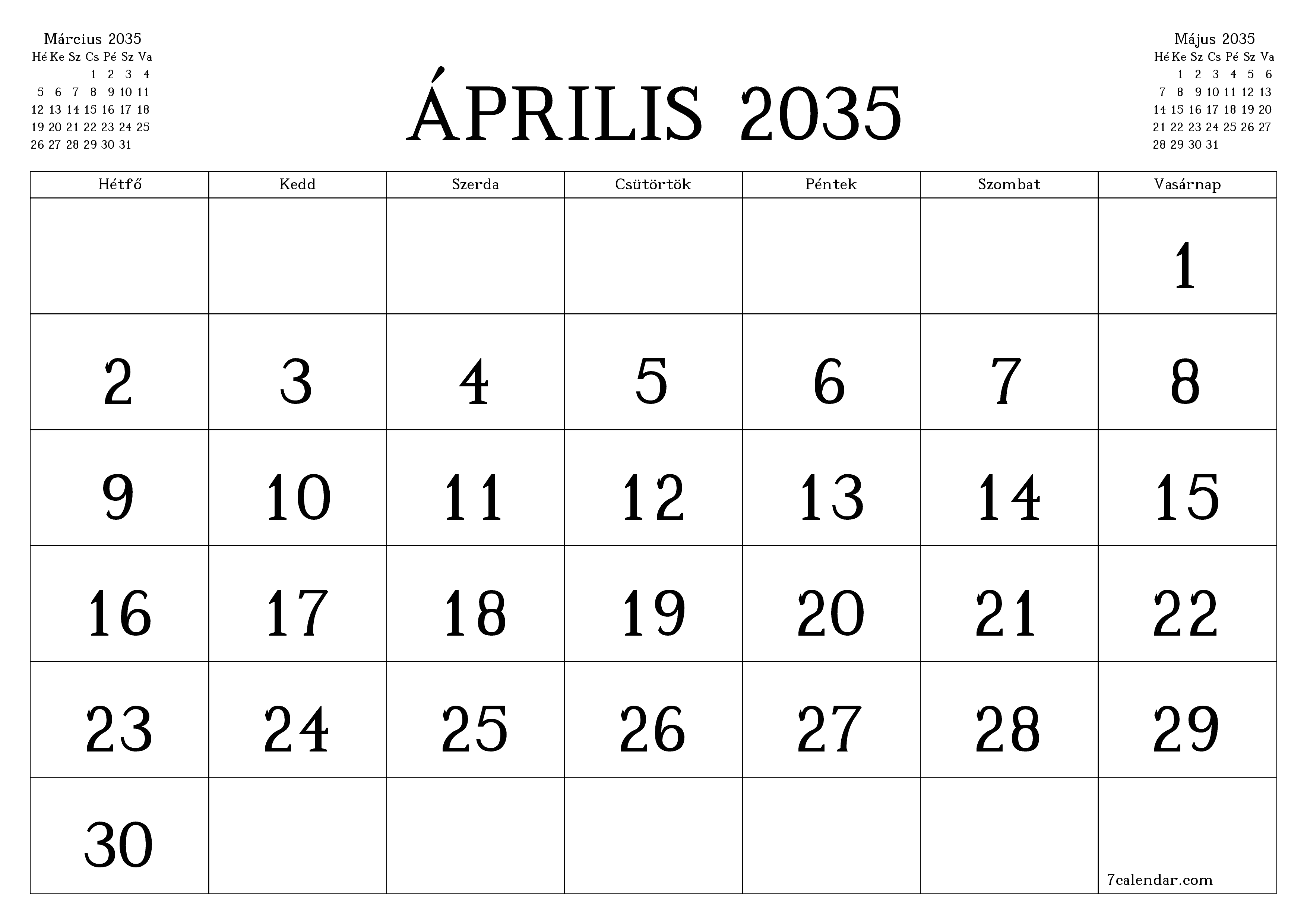 Üres havi tervező a Április 2035 hónapra jegyzetekkel, mentés és nyomtatás PDF-be PNG Hungarian
