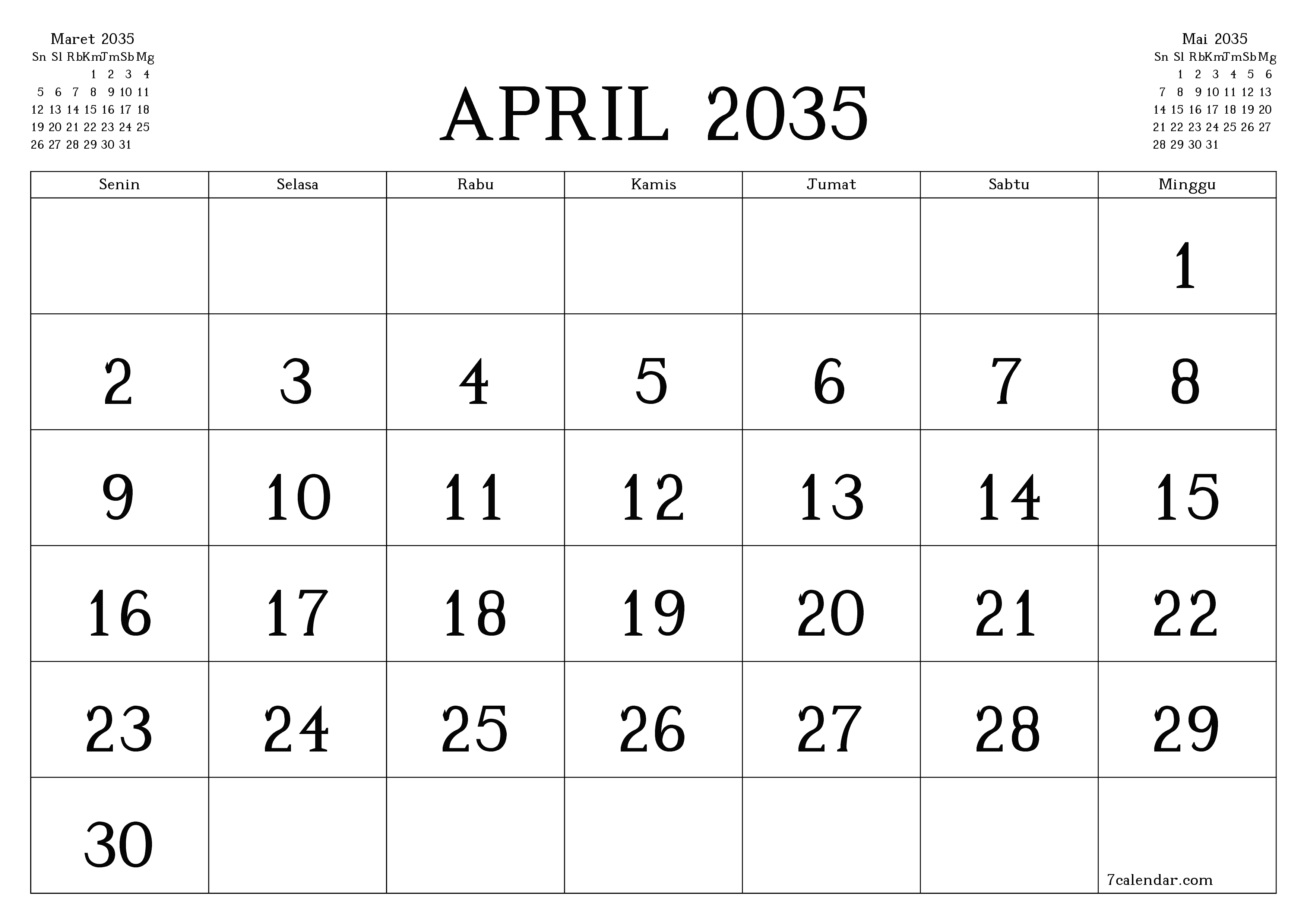 Kosongkan agenda bulanan untuk bulan April 2035 dengan catatan, simpan dan cetak ke PDF PNG Indonesian