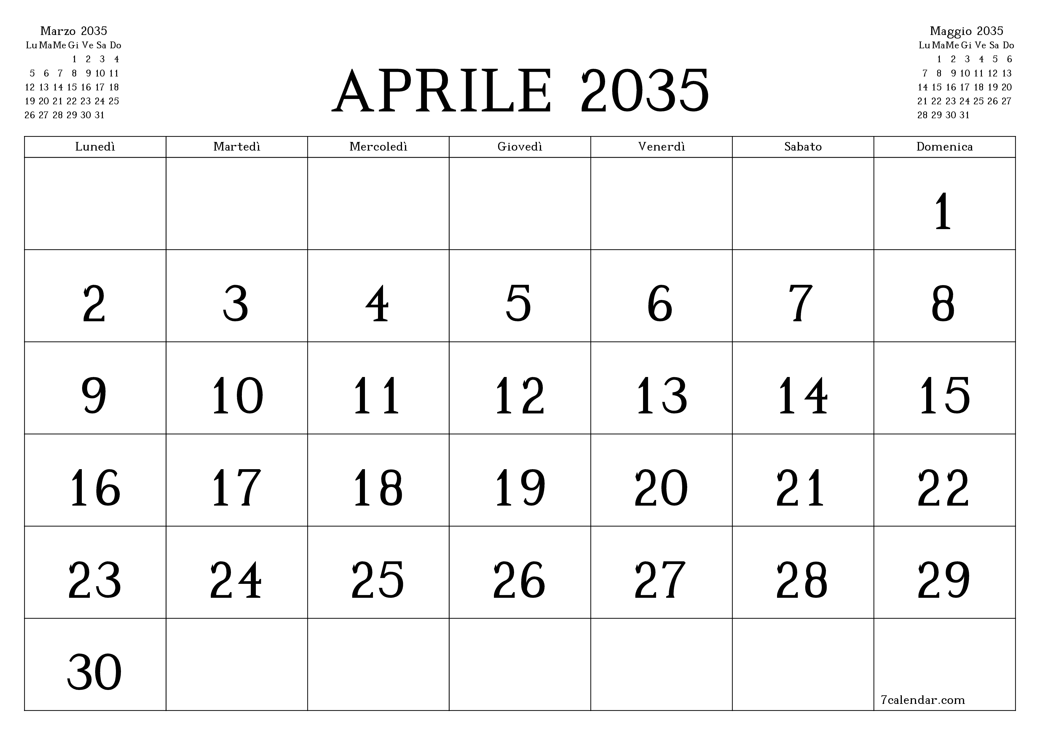 Pianificatore mensile vuoto per il mese Aprile 2035 con note, salva e stampa in PDF PNG Italian