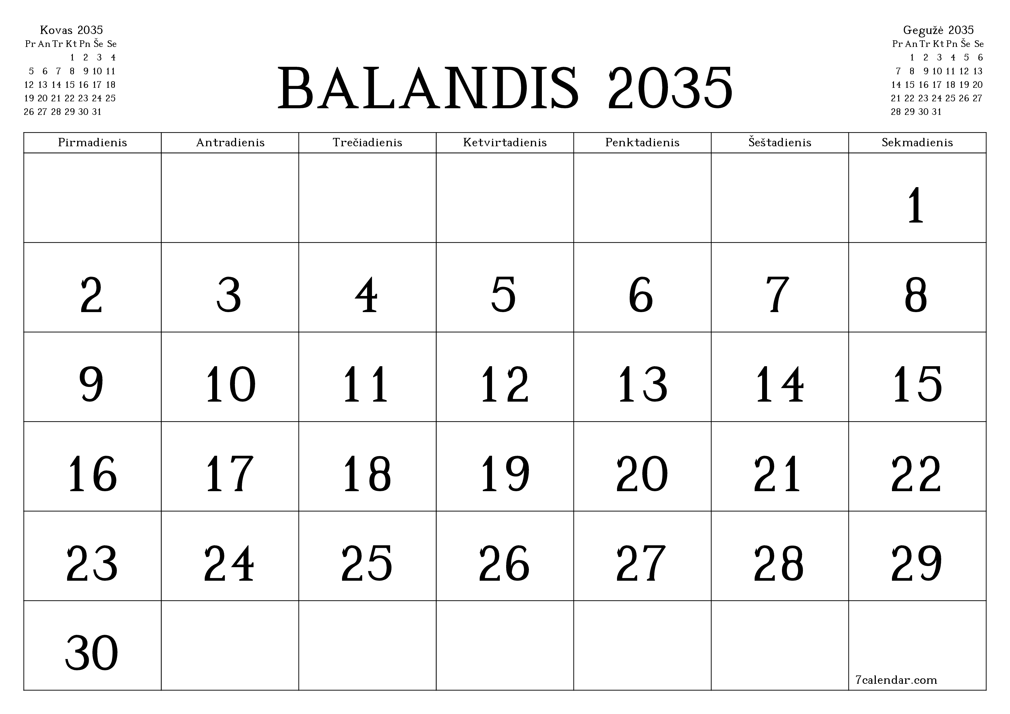 Ištuštinti mėnesio Balandis 2035 mėnesio planavimo priemonę su užrašais, išsaugoti ir atsispausdinti PDF formate PNG Lithuanian