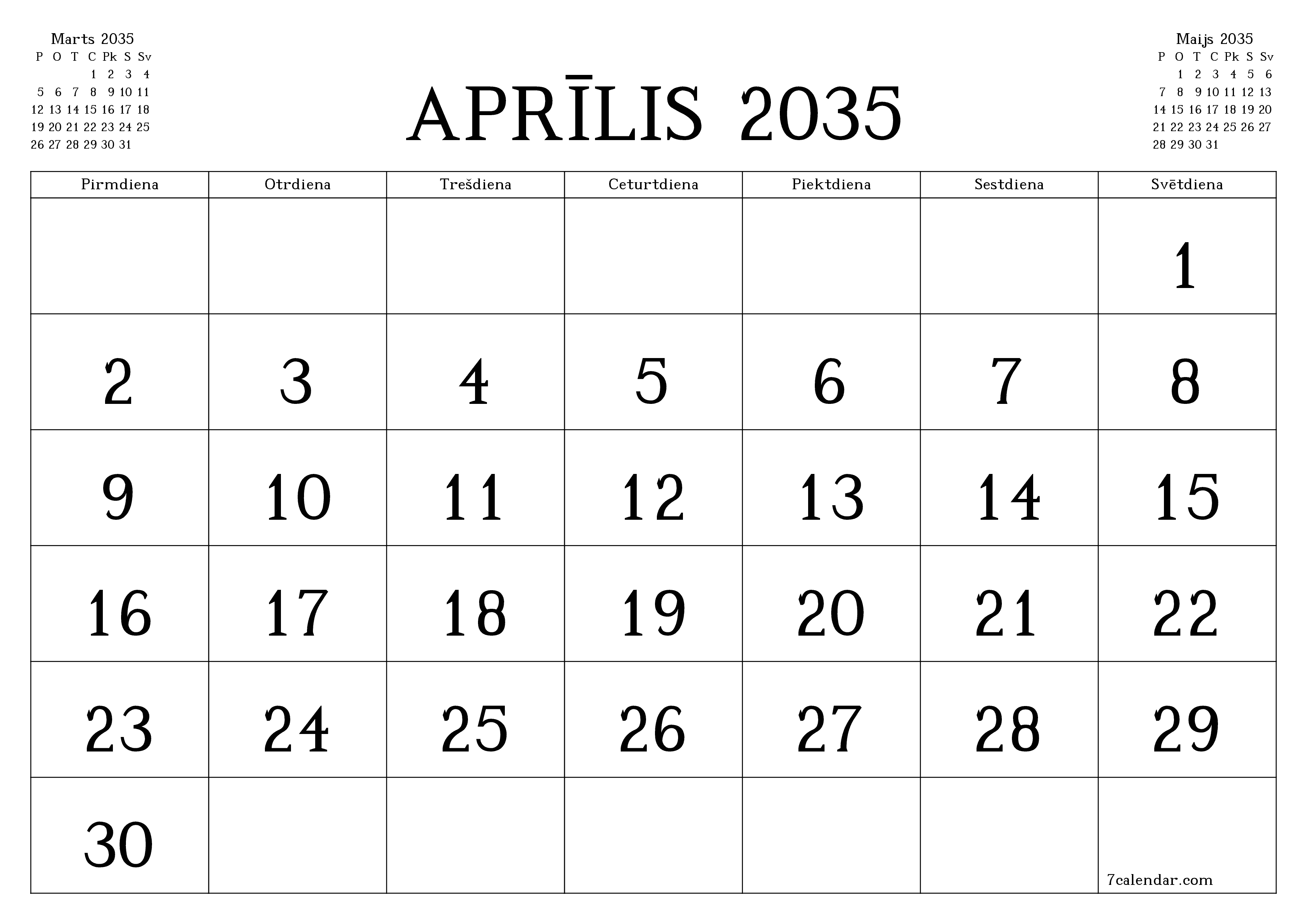 Iztukšot mēneša plānotāju mēnesim Aprīlis 2035 ar piezīmēm, saglabāt un izdrukāt PDF formātā PNG Latvian