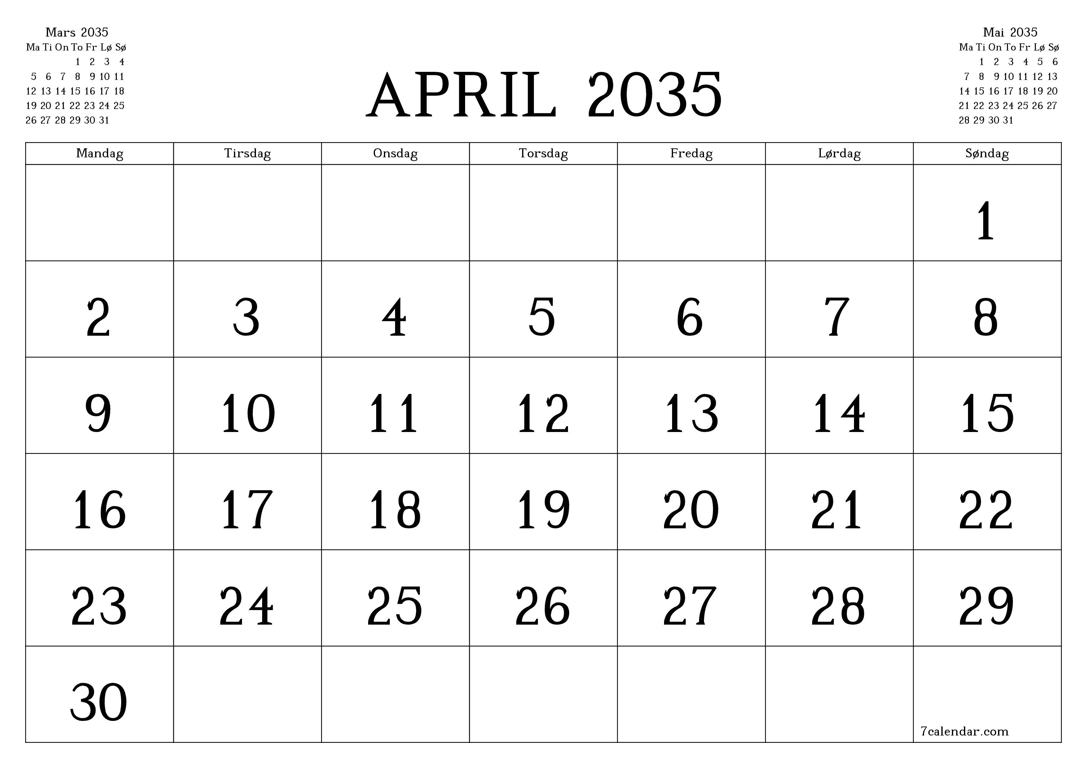 Tom månedlig planlegger for måned April 2035 med notater, lagre og skriv ut til PDF PNG Norwegian