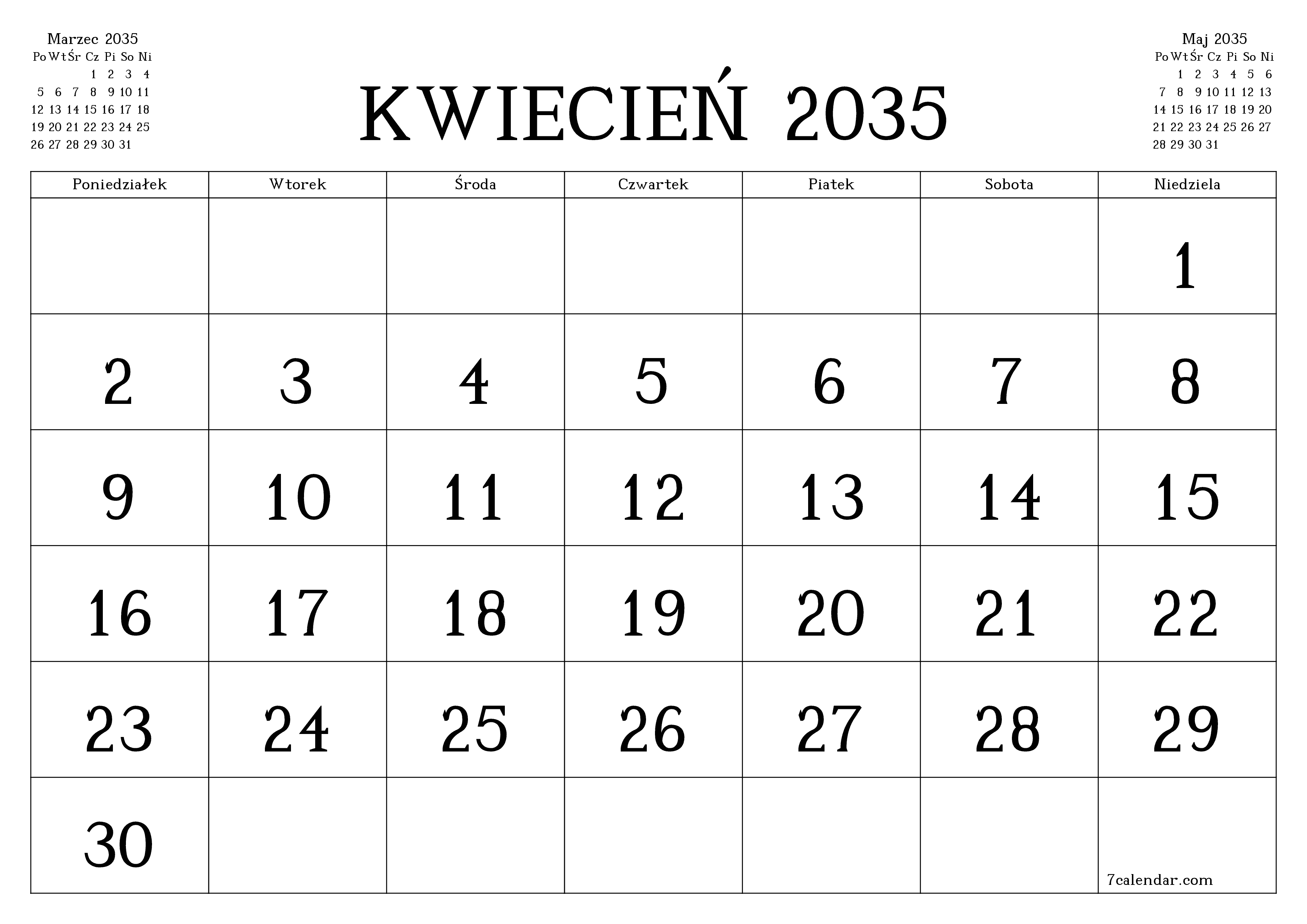 Opróżnij miesięczny planer na miesiąc Kwiecień 2035 z notatkami, zapisz i wydrukuj w formacie PDF PNG Polish