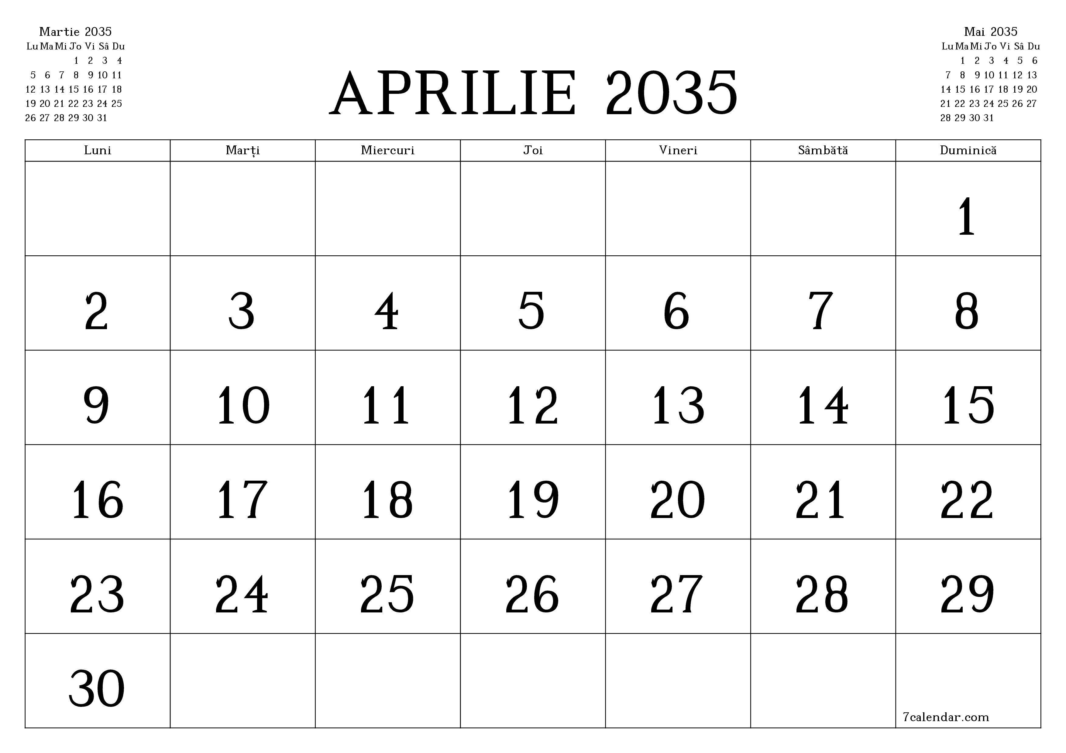 Planificator lunar gol pentru luna Aprilie 2035 cu note, salvați și tipăriți în PDF PNG Romanian