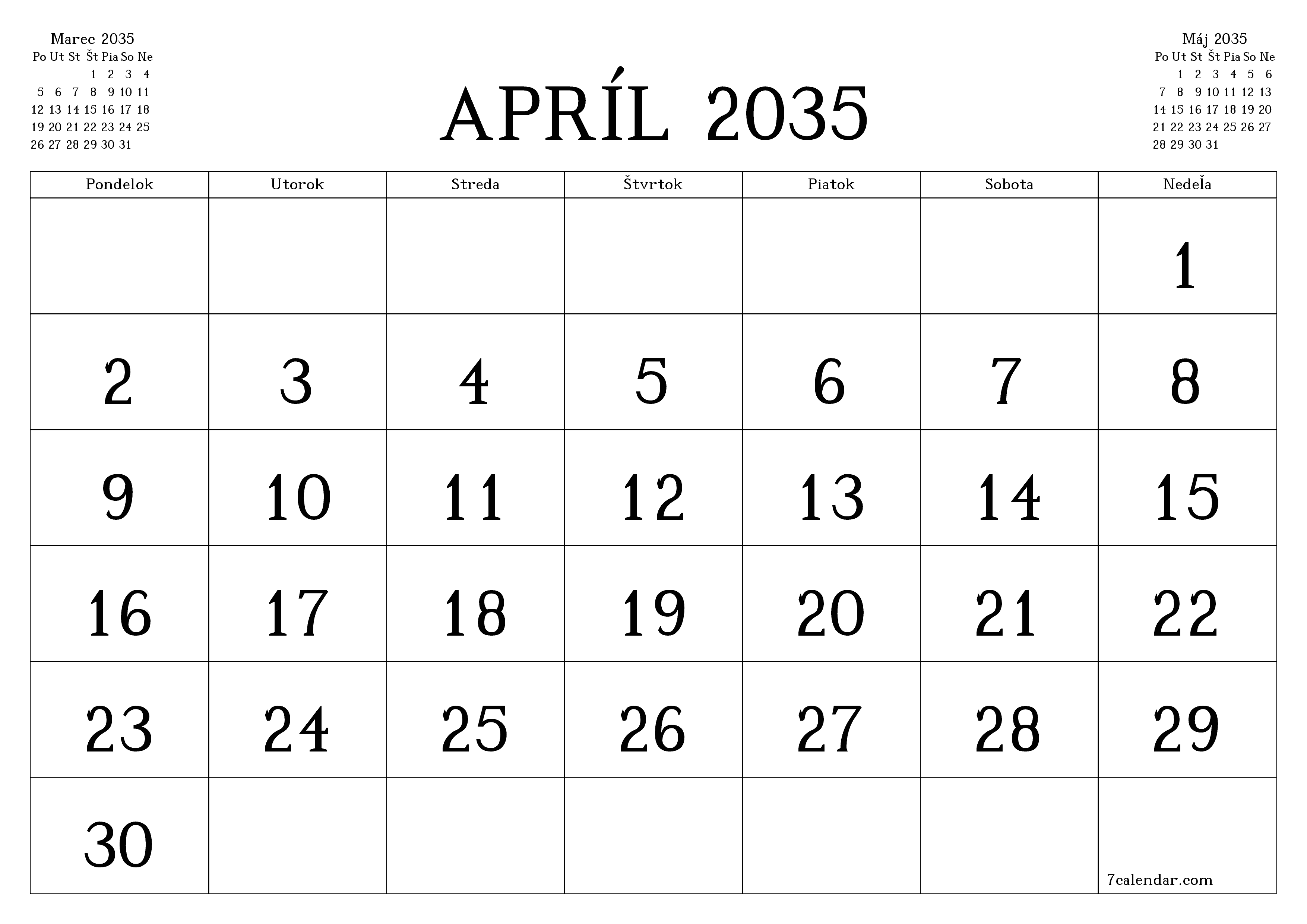Prázdny mesačný plánovač na mesiac Apríl 2035 s poznámkami, uloženie a tlač do PDF PNG Slovak