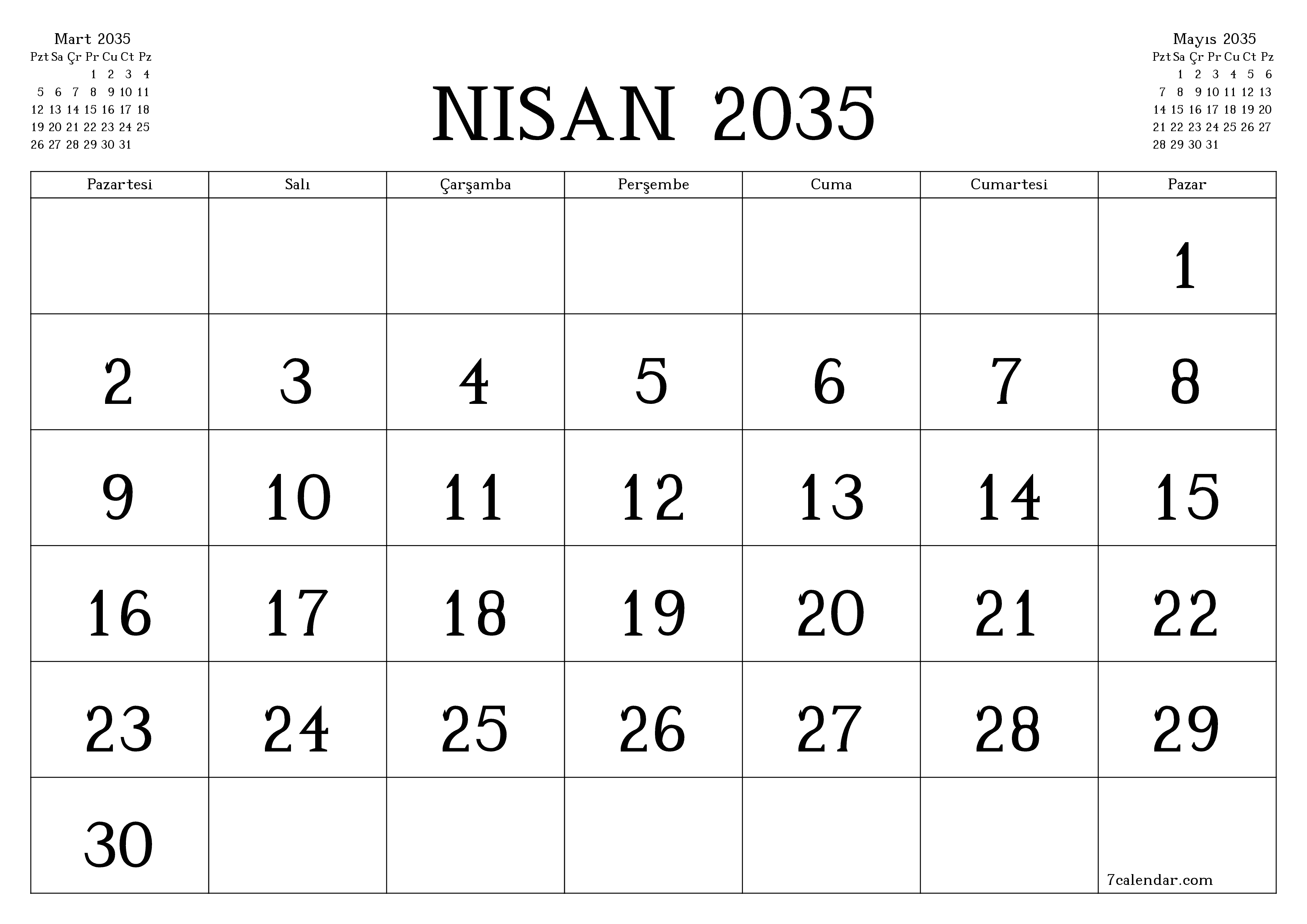 Nisan 2035 ayı için notlarla birlikte boş aylık planlayıcı, kaydedin ve PDF'ye yazdırın PNG Turkish