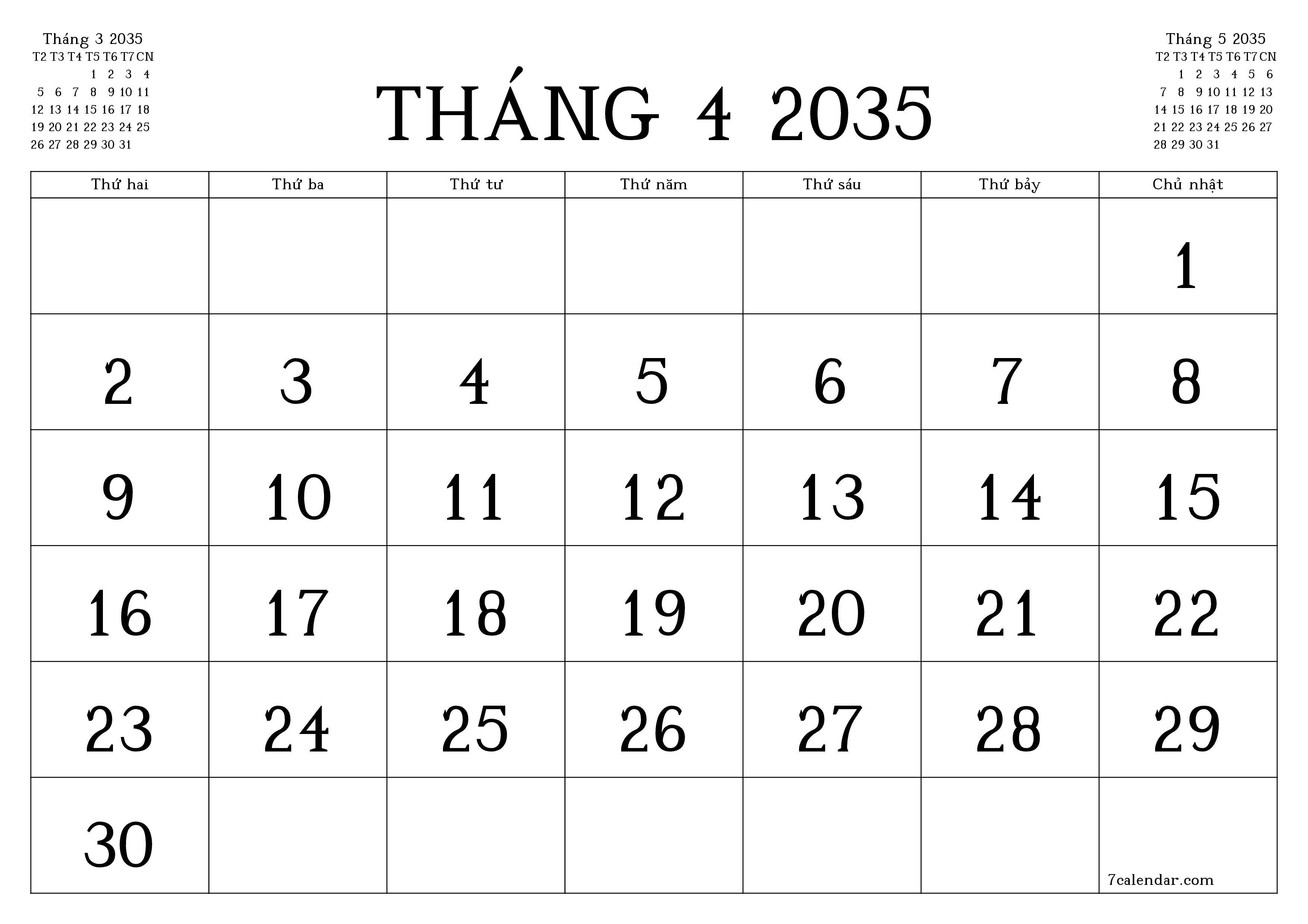 Công cụ lập kế hoạch hàng tháng trống cho tháng Tháng 4 2035 có ghi chú, lưu và in sang PDF PNG Vietnamese
