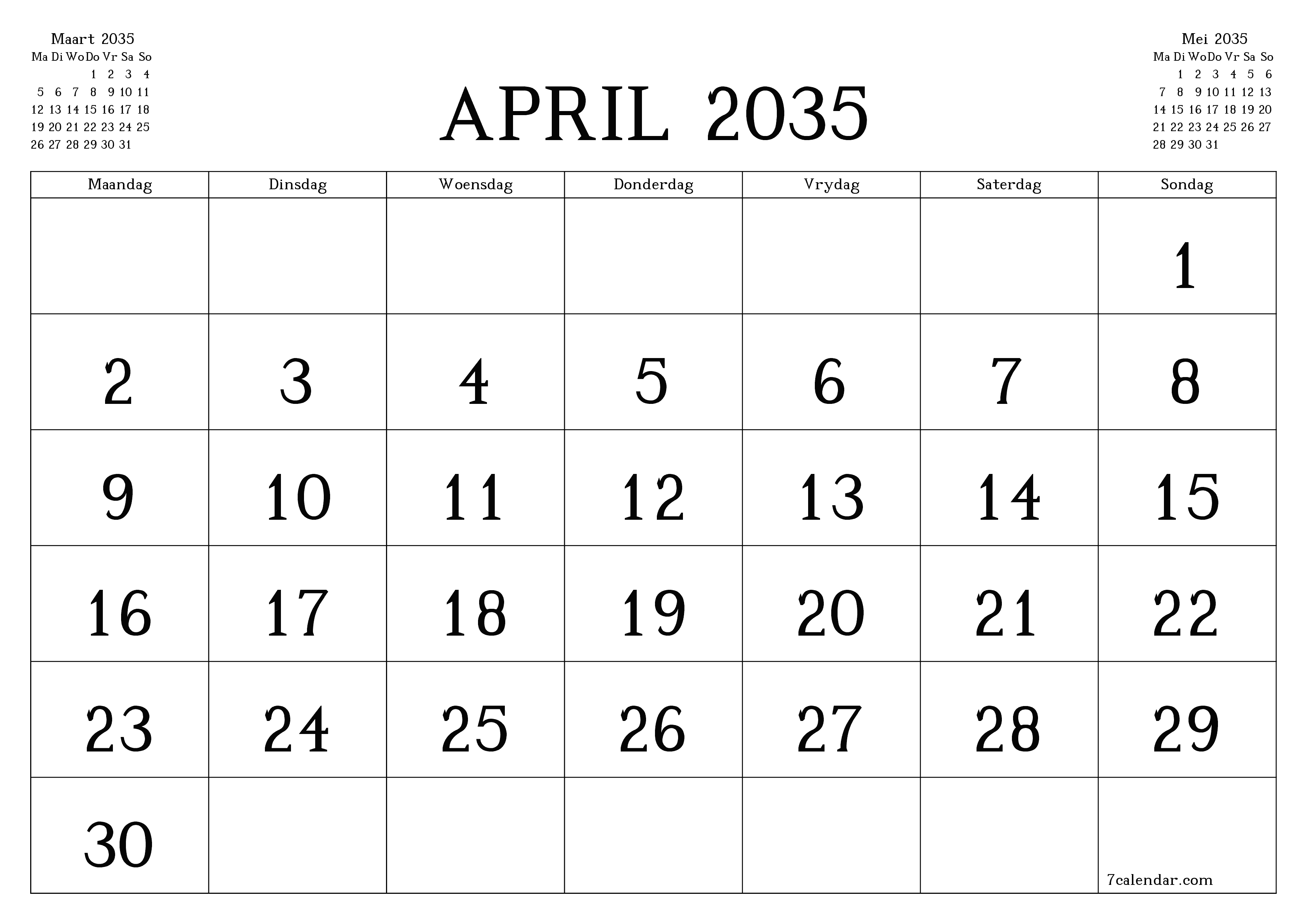 Leë maandelikse drukbare kalender en beplanner vir maand April 2035 met notas stoor en druk na PDF PNG Afrikaans