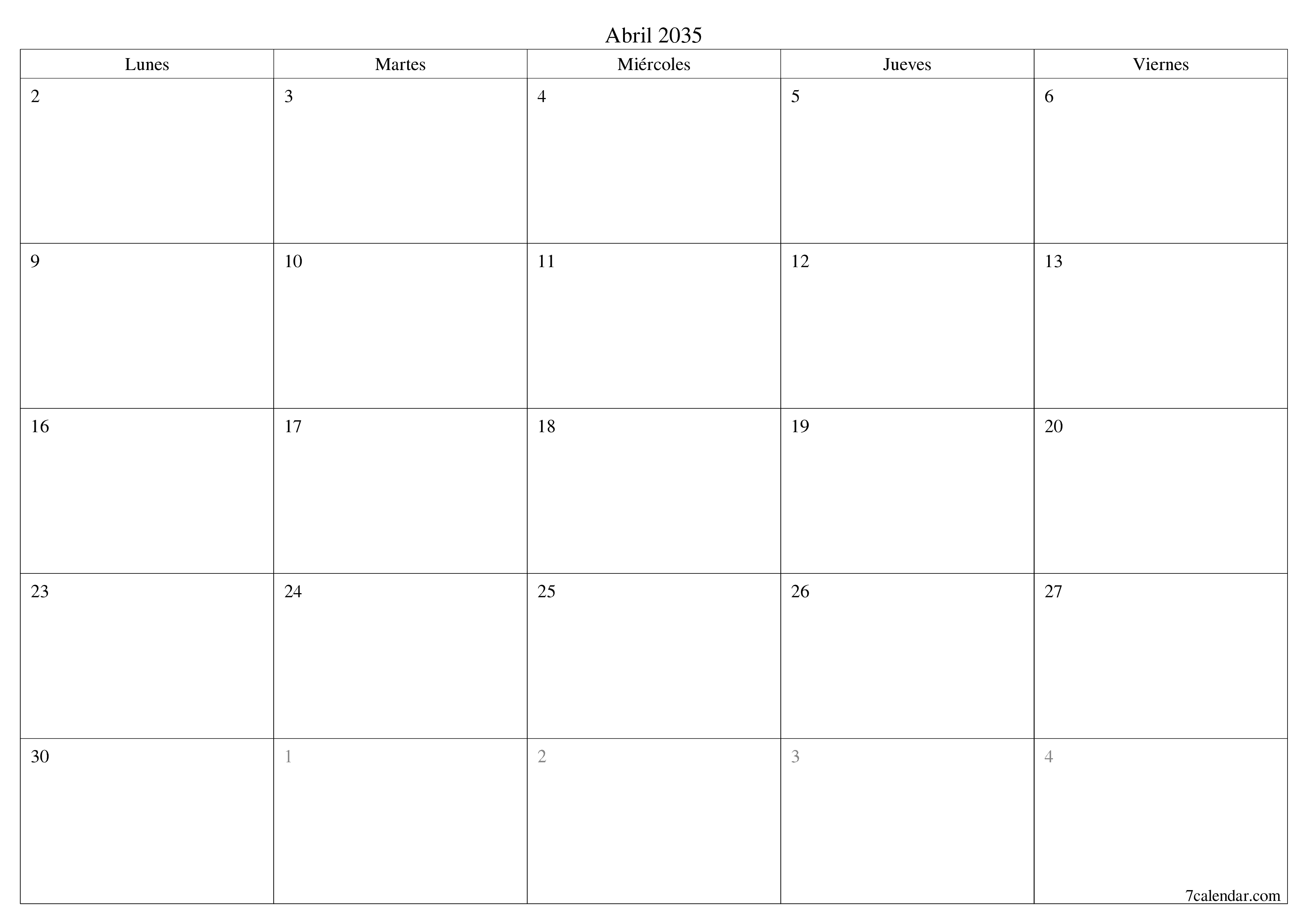 Planificador mensual vacío para el mes Abril 2035 con notas, guardar e imprimir en PDF PNG Spanish