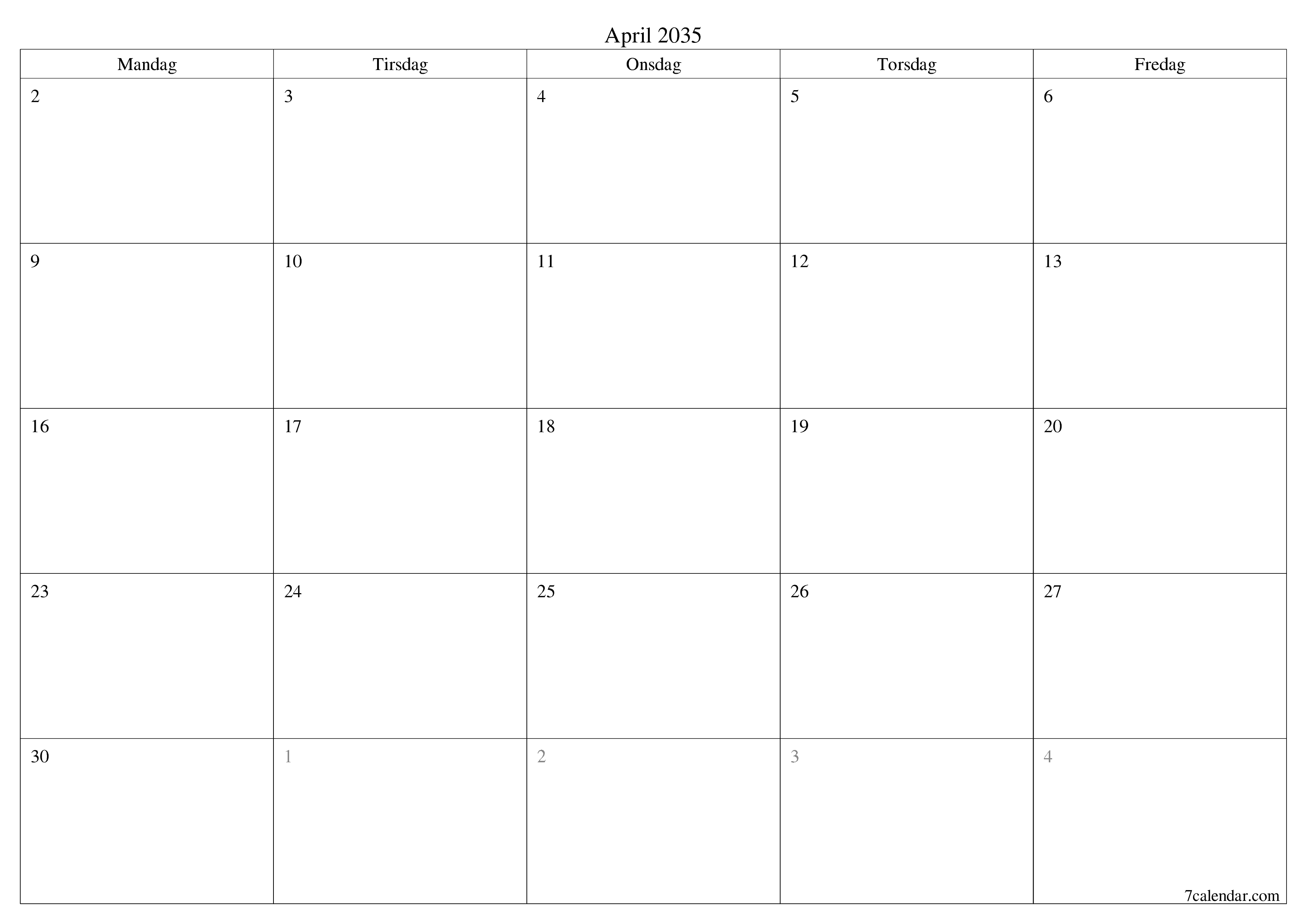 Tom månedlig planlegger for måned April 2035 med notater, lagre og skriv ut til PDF PNG Norwegian