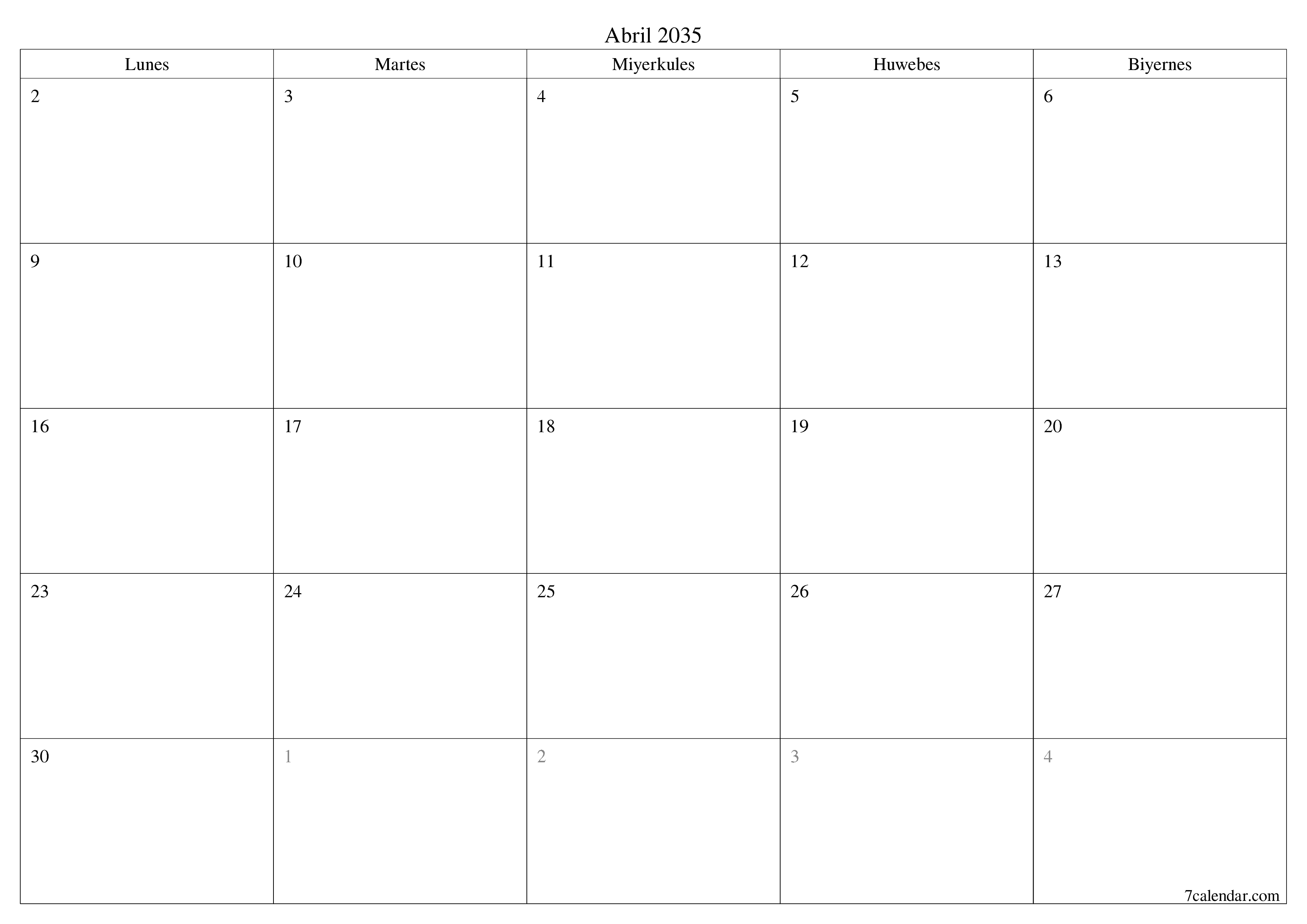 Walang laman na buwanang tagaplano para sa buwan na Abril 2035 na may mga tala, i-save at i-print sa PDF PNG Filipino