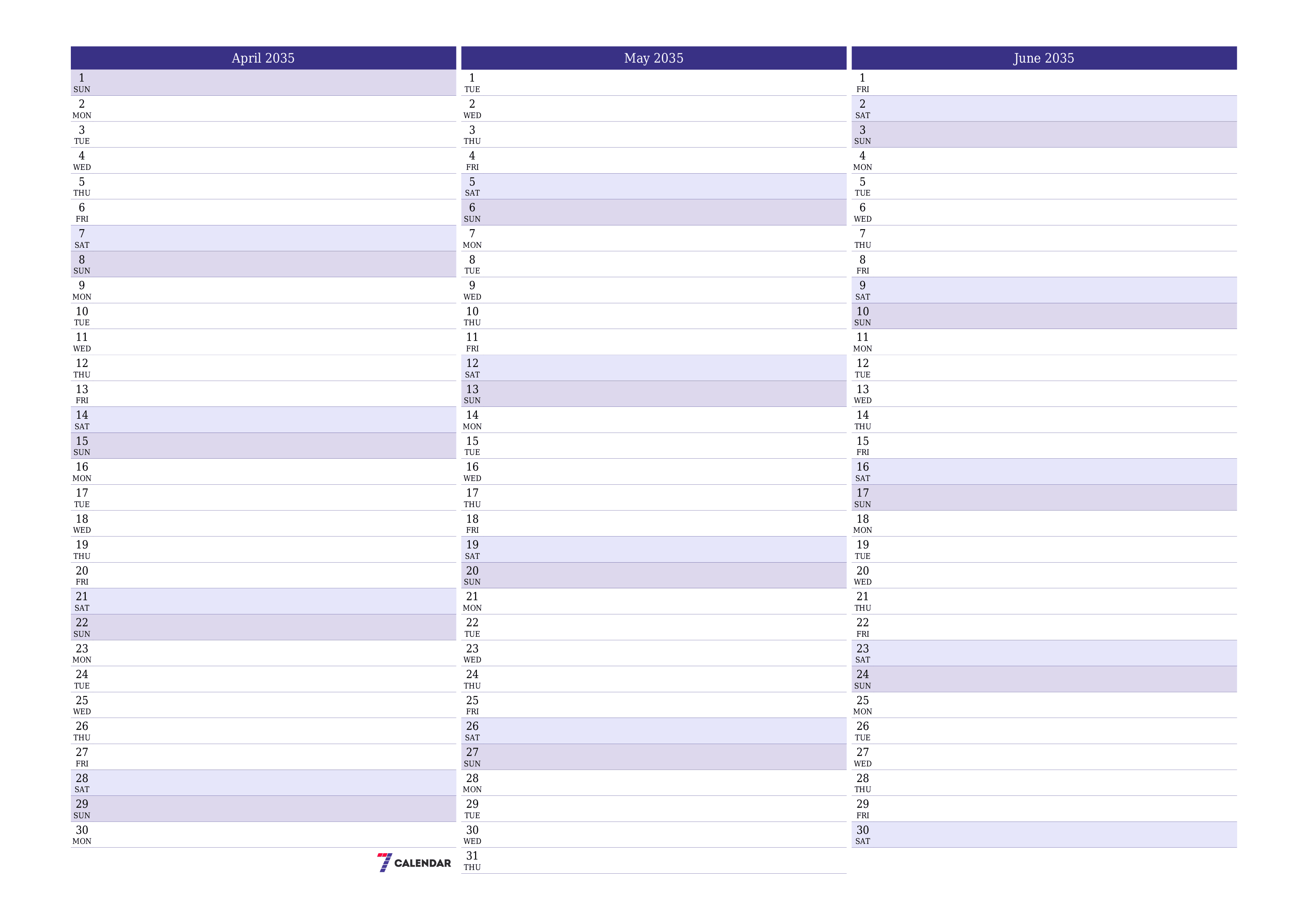 Blank calendar April 2035