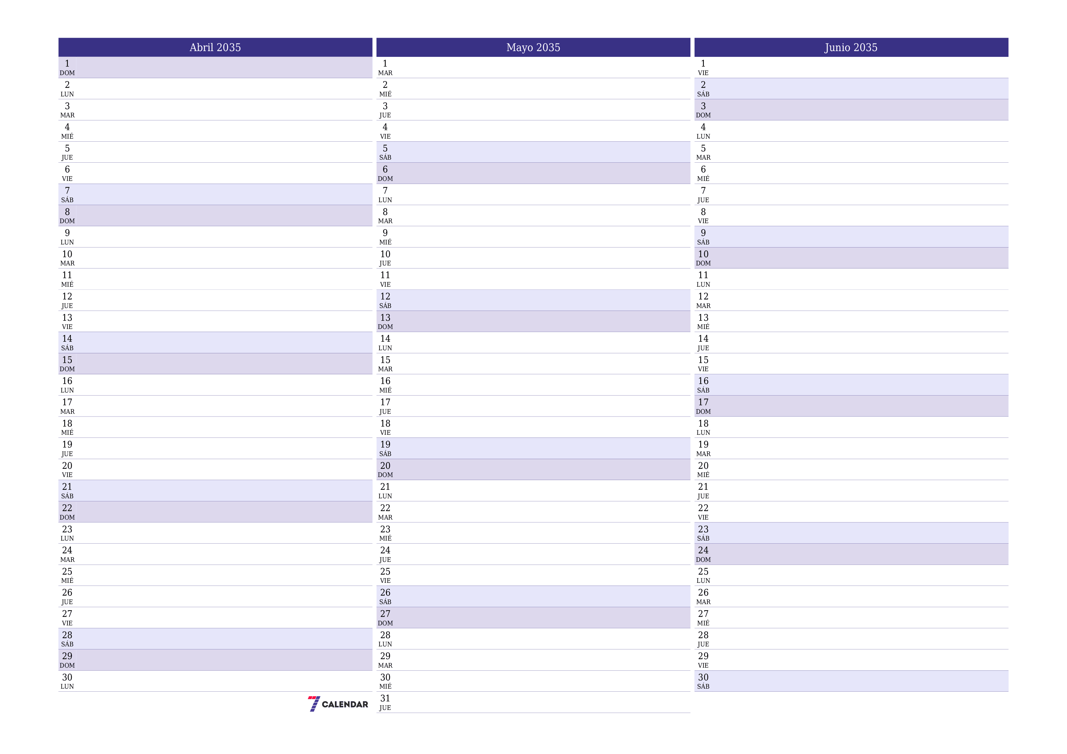 Planificador mensual vacío para el mes Abril 2035 con notas, guardar e imprimir en PDF PNG Spanish