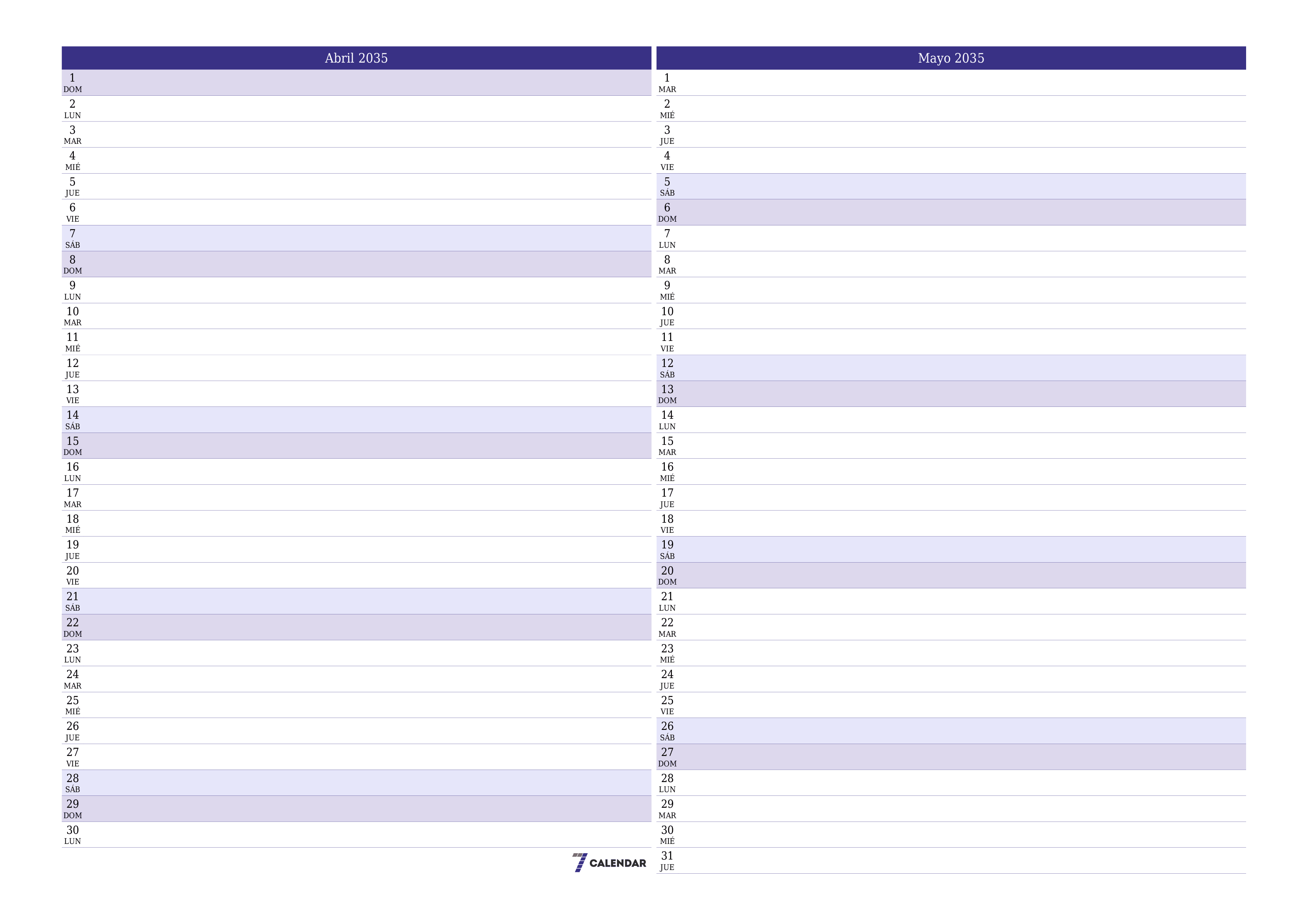 Planificador mensual vacío para el mes Abril 2035 con notas, guardar e imprimir en PDF PNG Spanish
