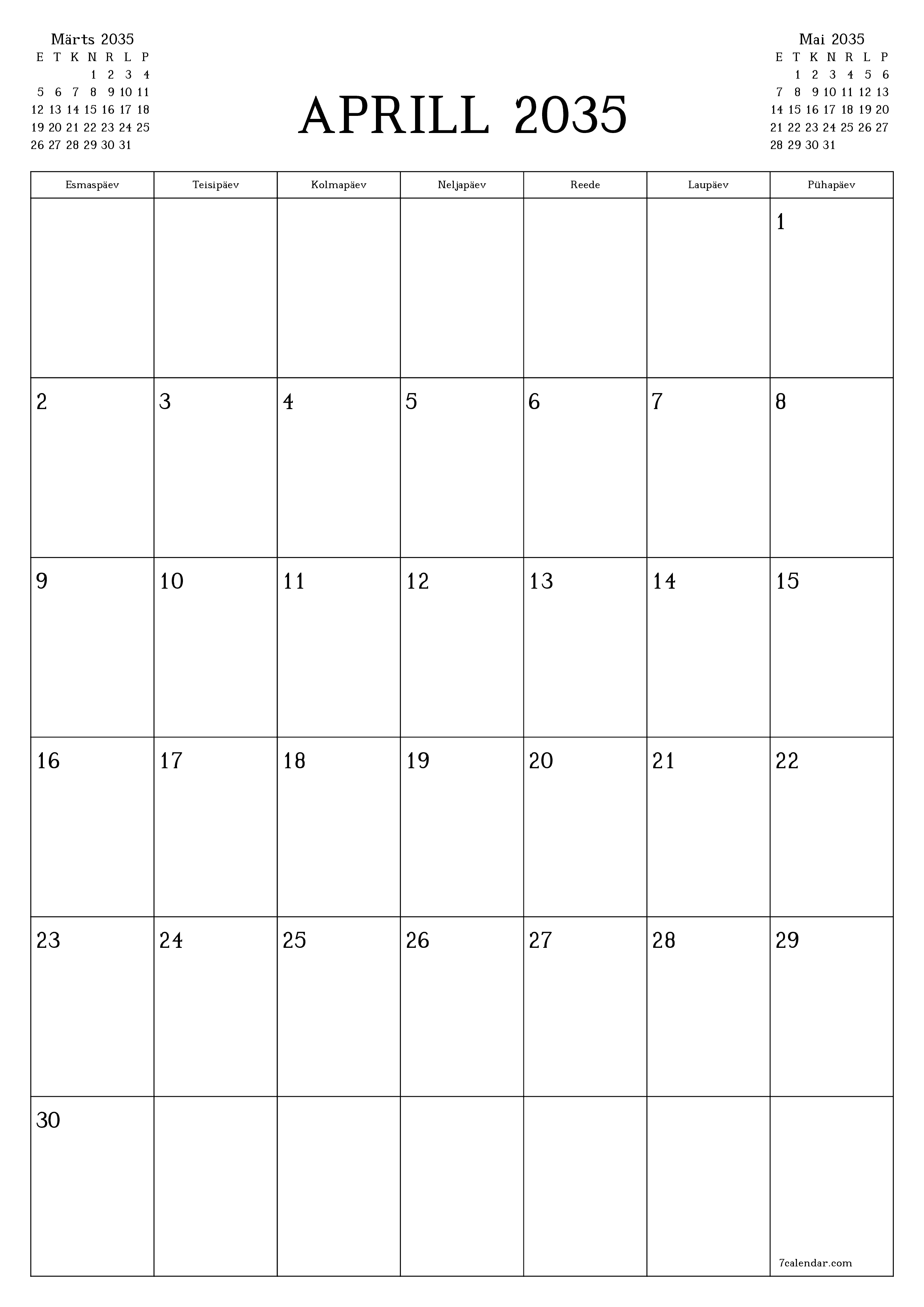 prinditav seina kalendri mall tasuta vertikaalne Igakuine planeerija kalender Aprill (Apr) 2035