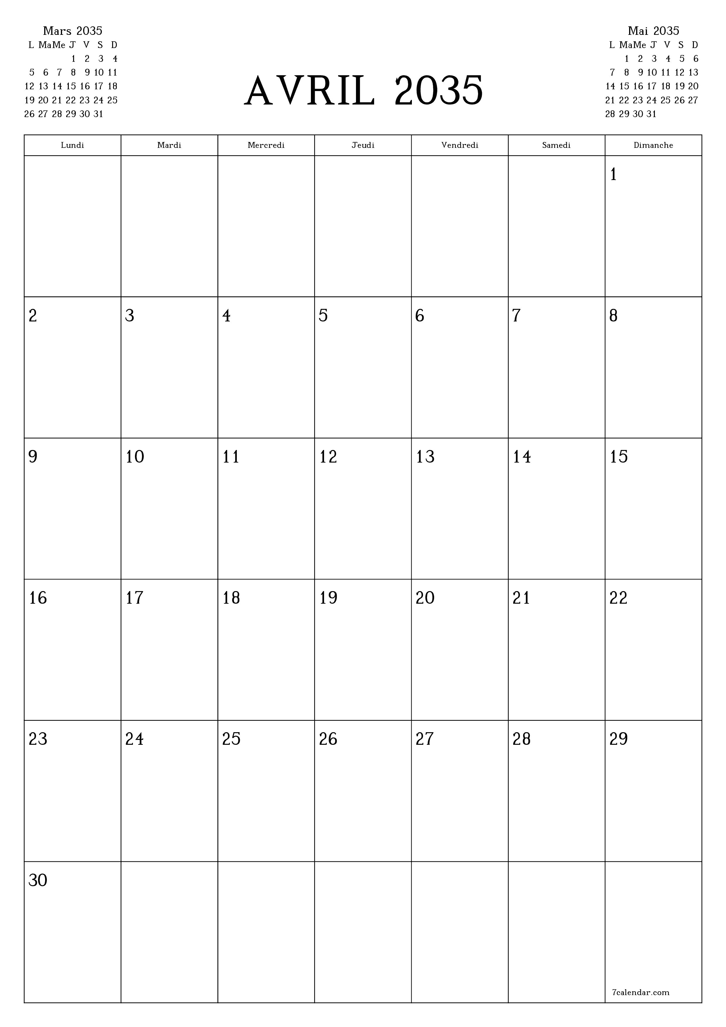  imprimable mural modèle de gratuitverticale Mensuel planificateur calendrier Avril (Avr) 2035