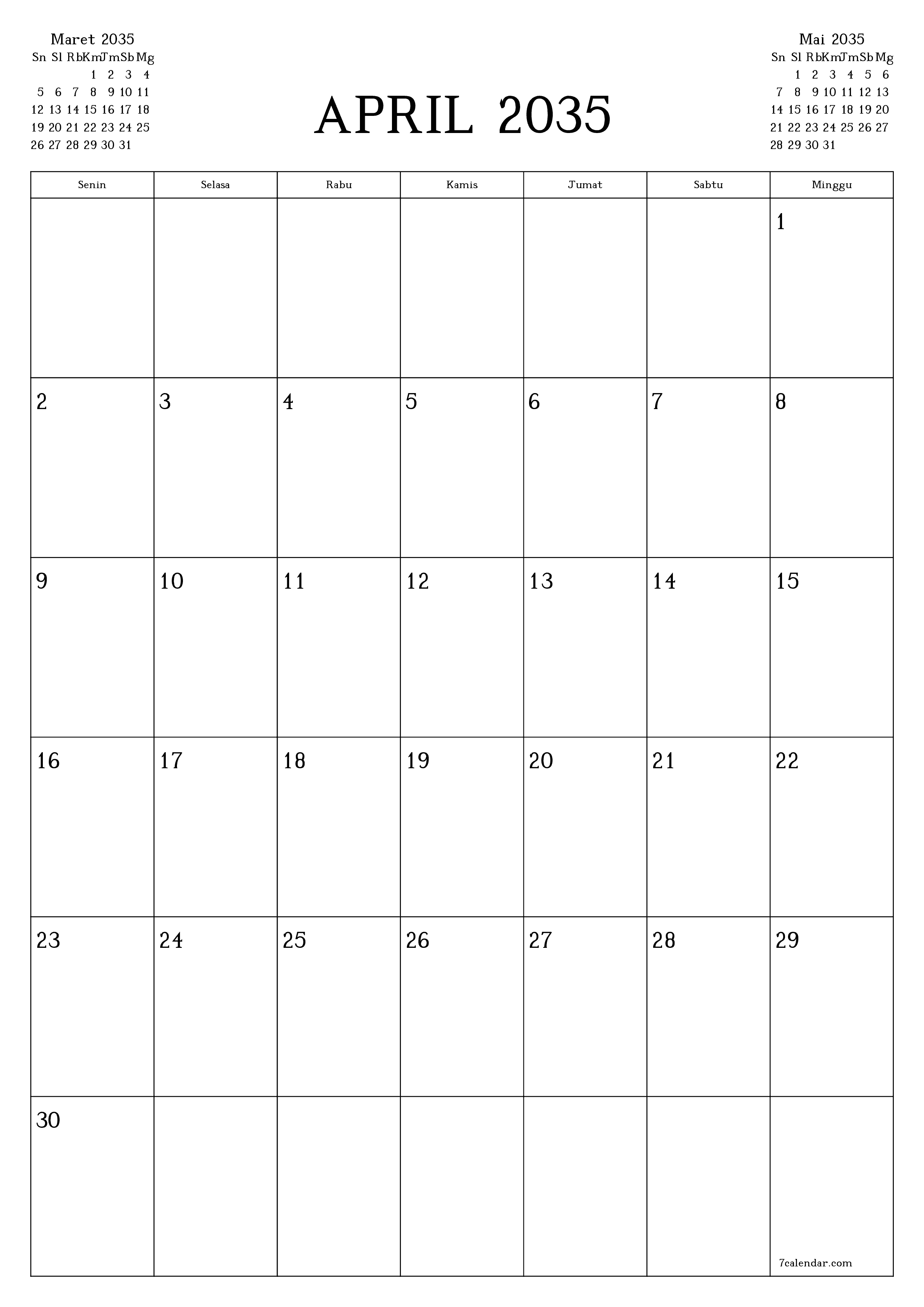  yang dapat dicetak dinding templat gratisvertikal Bulanan perencana kalender April (Apr) 2035