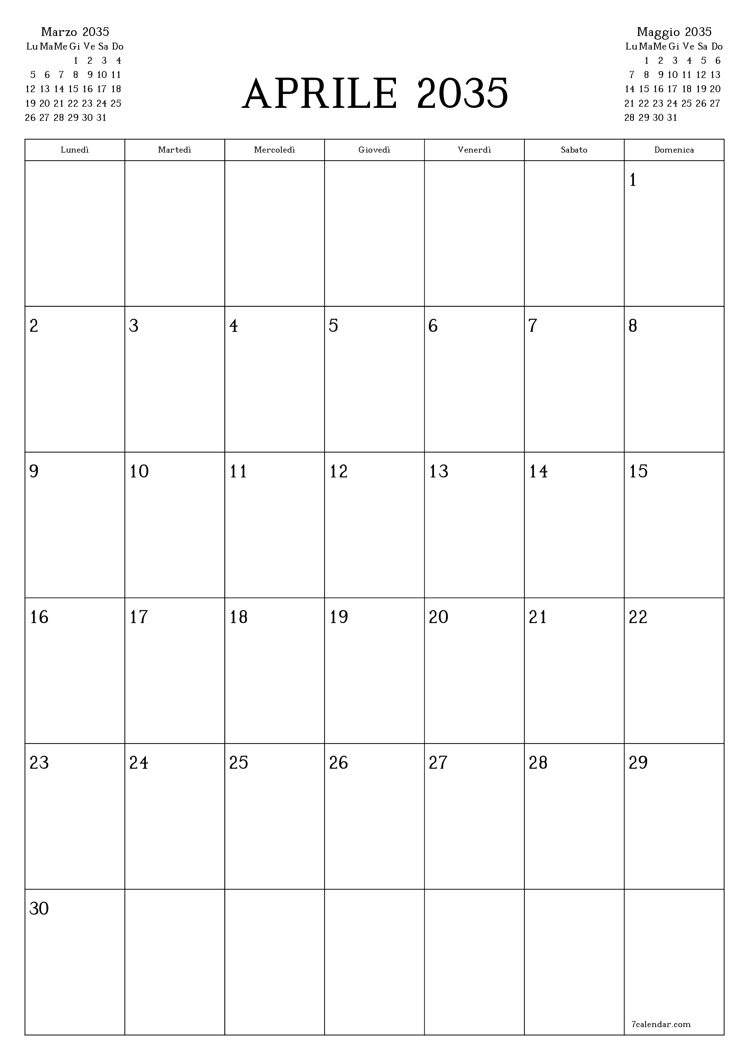  stampabile da parete modello di gratuitoverticale Mensile pianificatore calendario Aprile (Apr) 2035