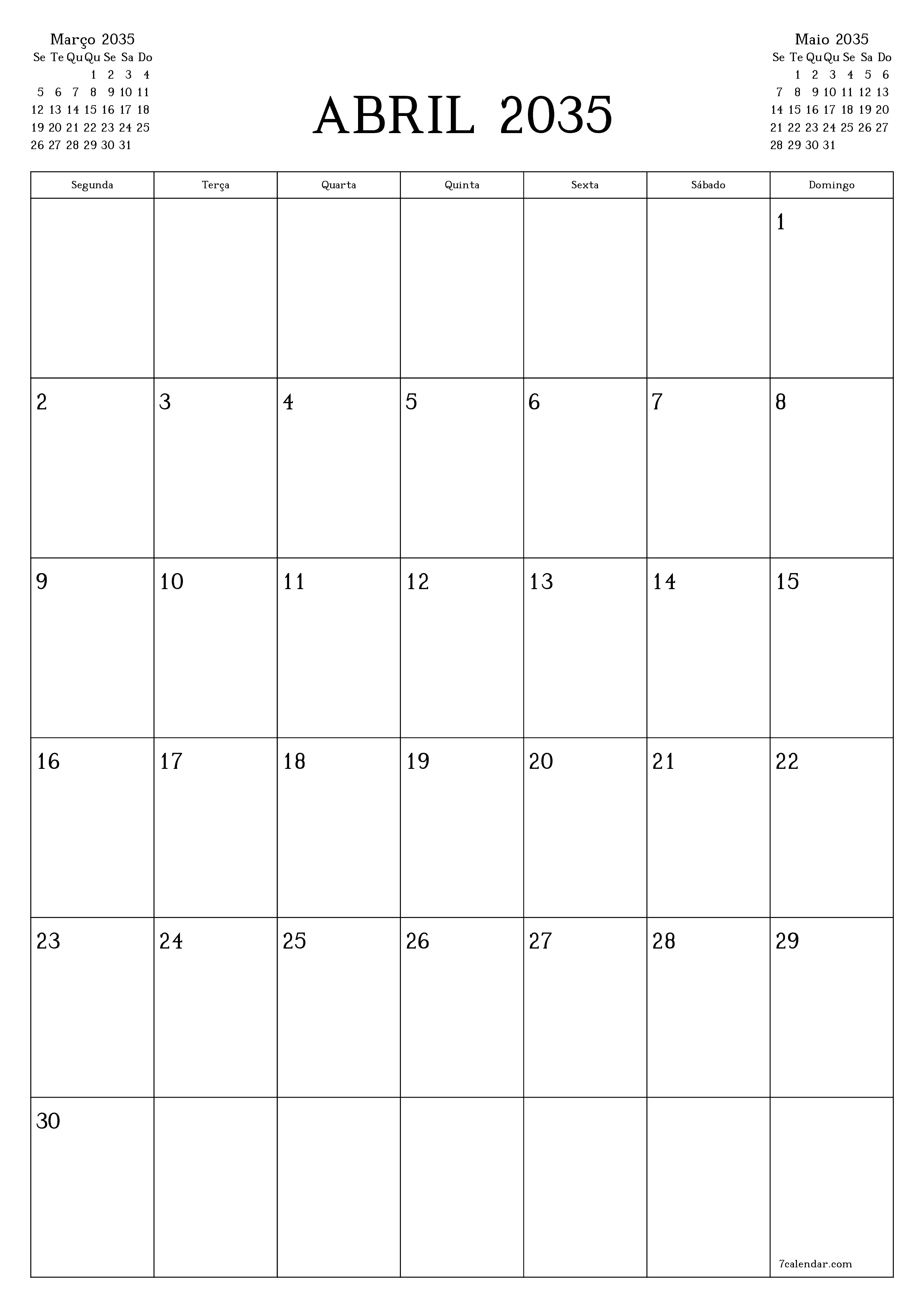  para impressão de parede modelo de grátisvertical Mensal planejador calendário Abril (Abr) 2035