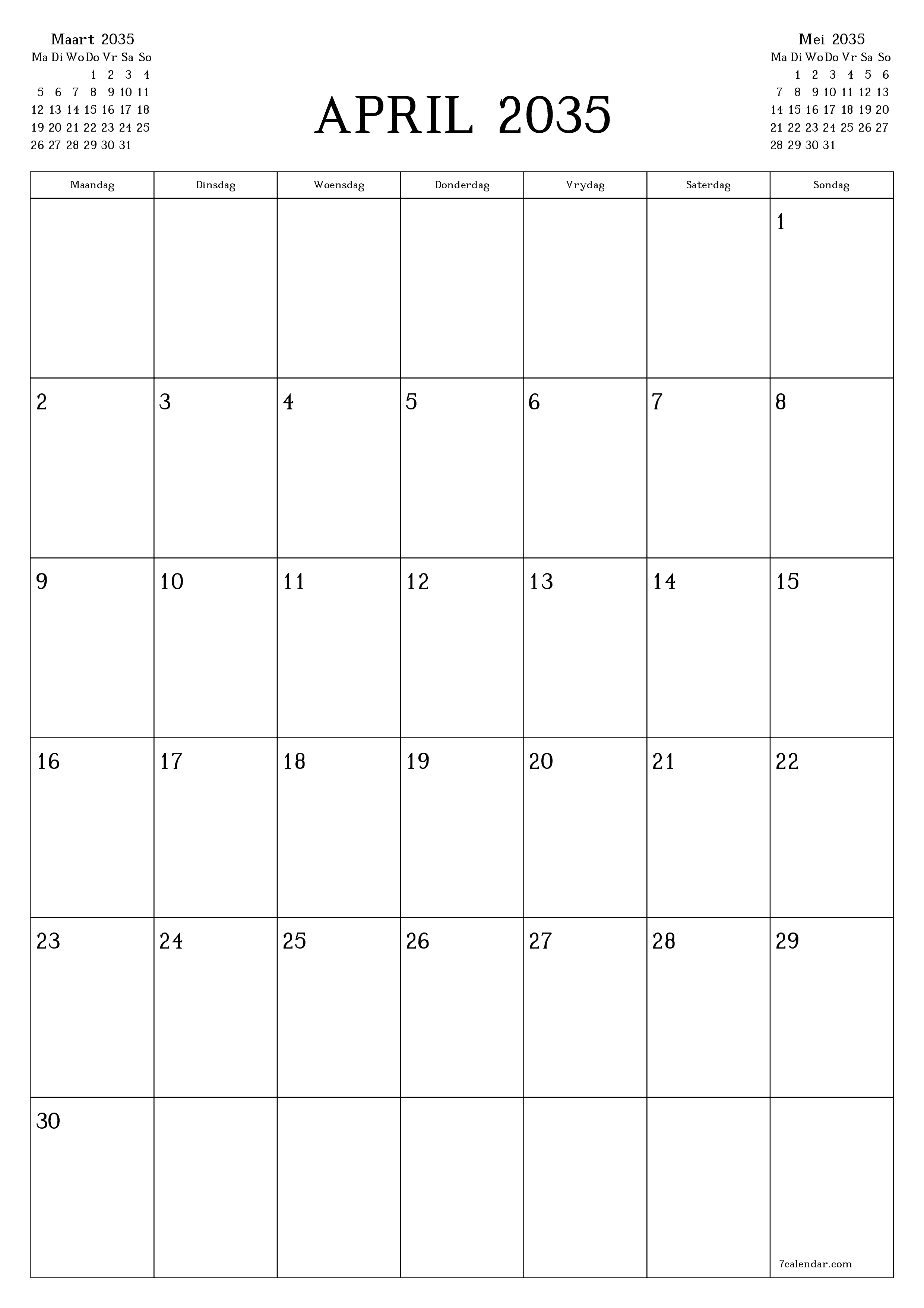 drukbare muur template gratis vertikaal Maandeliks beplanner kalender April (Apr) 2035
