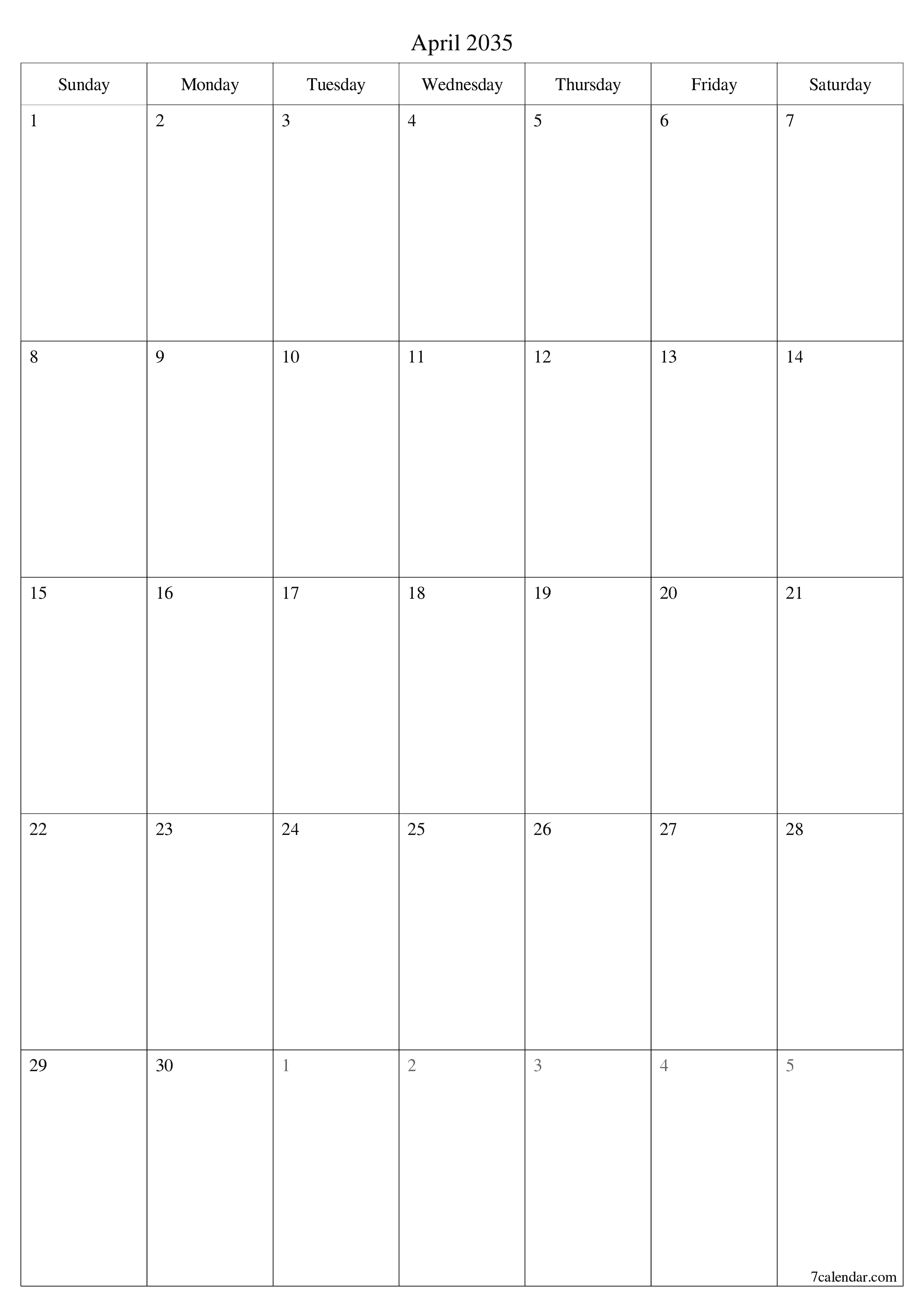 Blank calendar April 2035