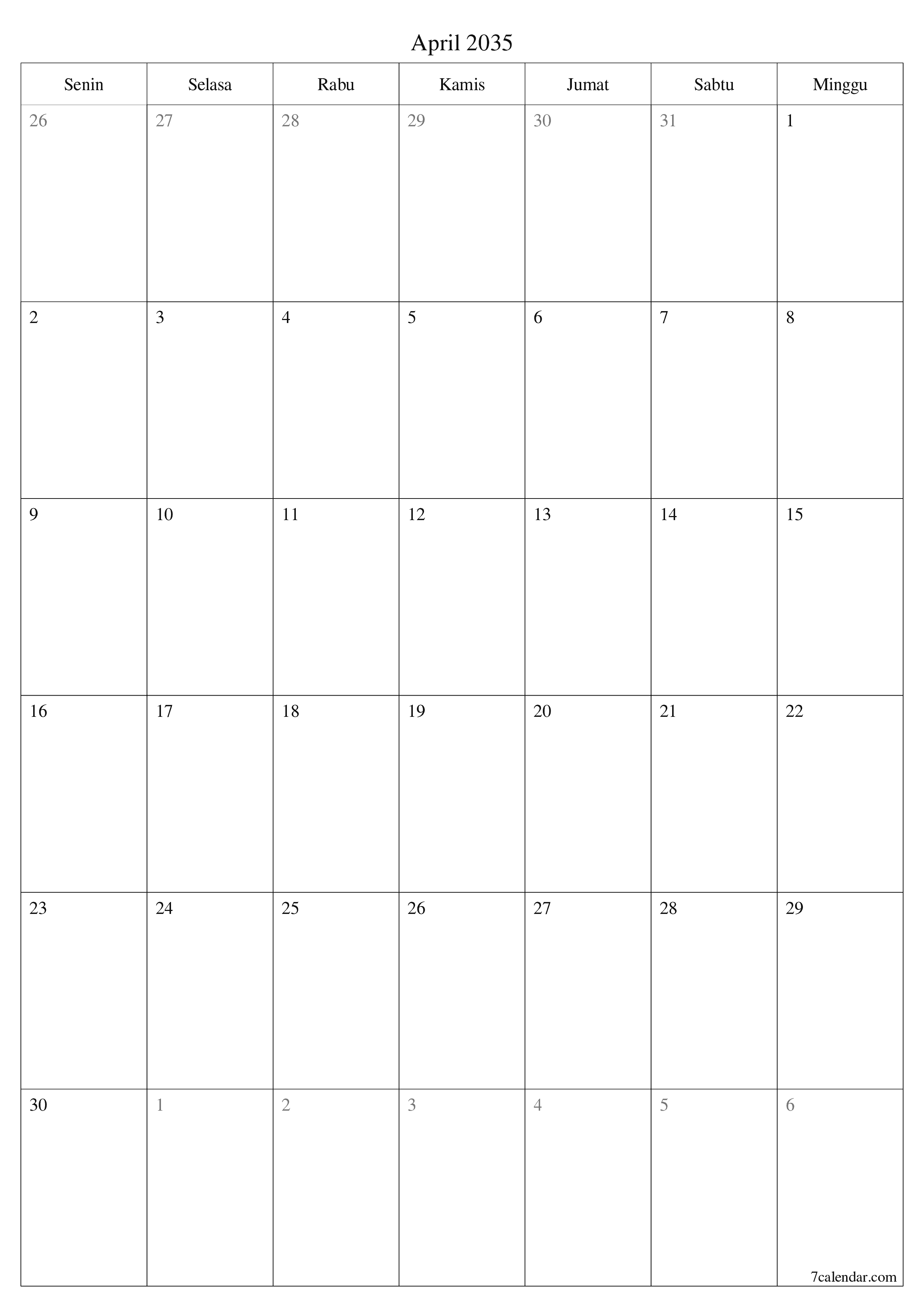  yang dapat dicetak dinding templat gratisvertikal Bulanan perencana kalender April (Apr) 2035