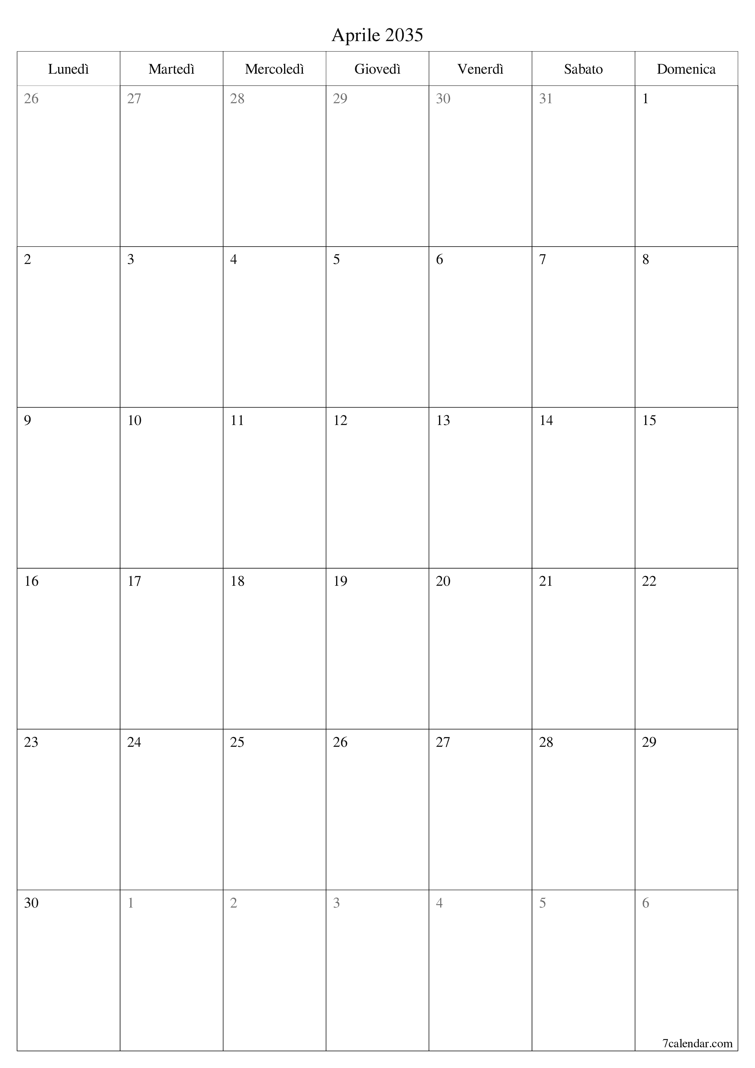  stampabile da parete modello di gratuitoverticale Mensile pianificatore calendario Aprile (Apr) 2035