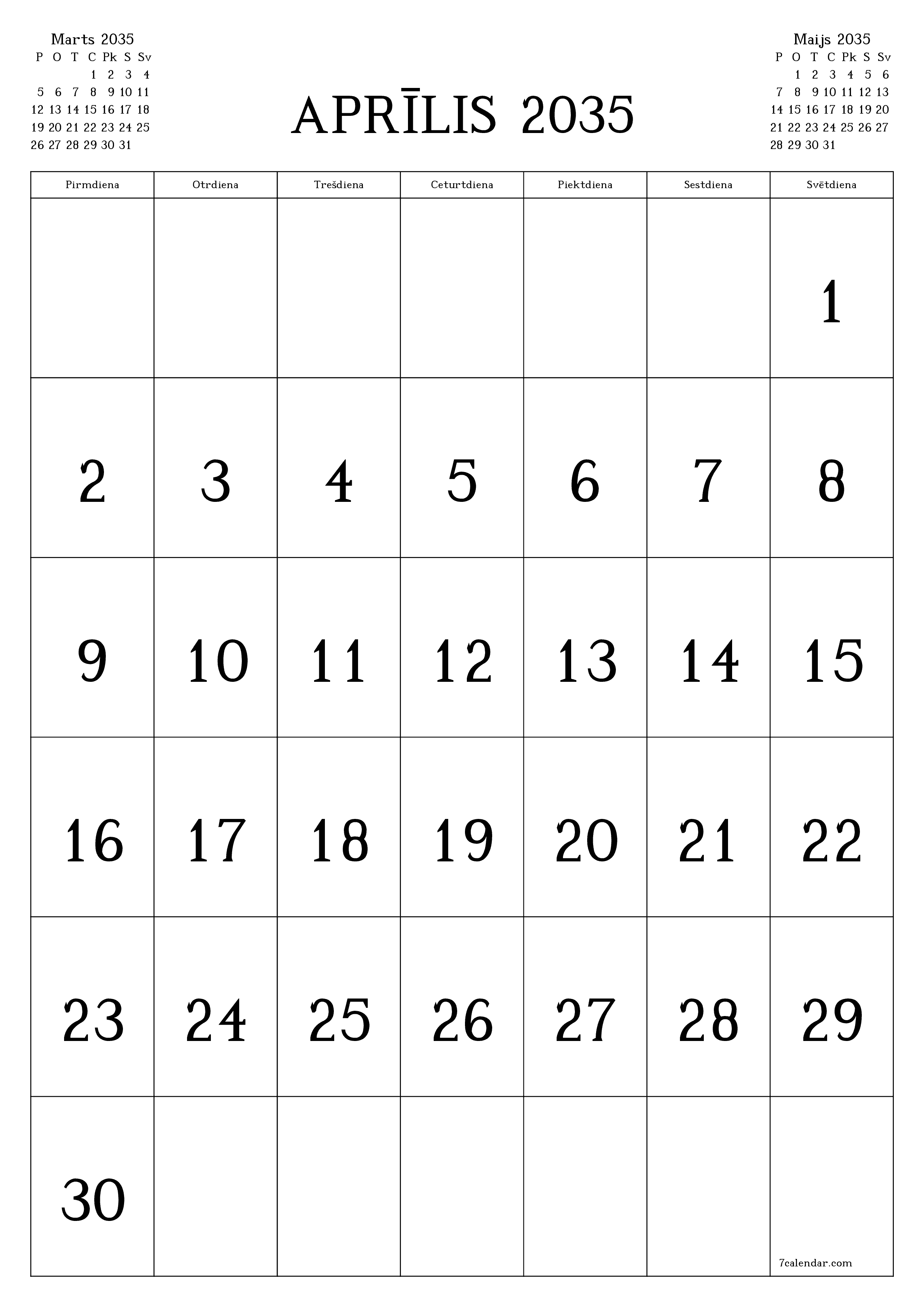 izdrukājams sienas kalendāra veidne bezmaksas vertikāli Mēneša kalendārs Aprīlis (Apr) 2035