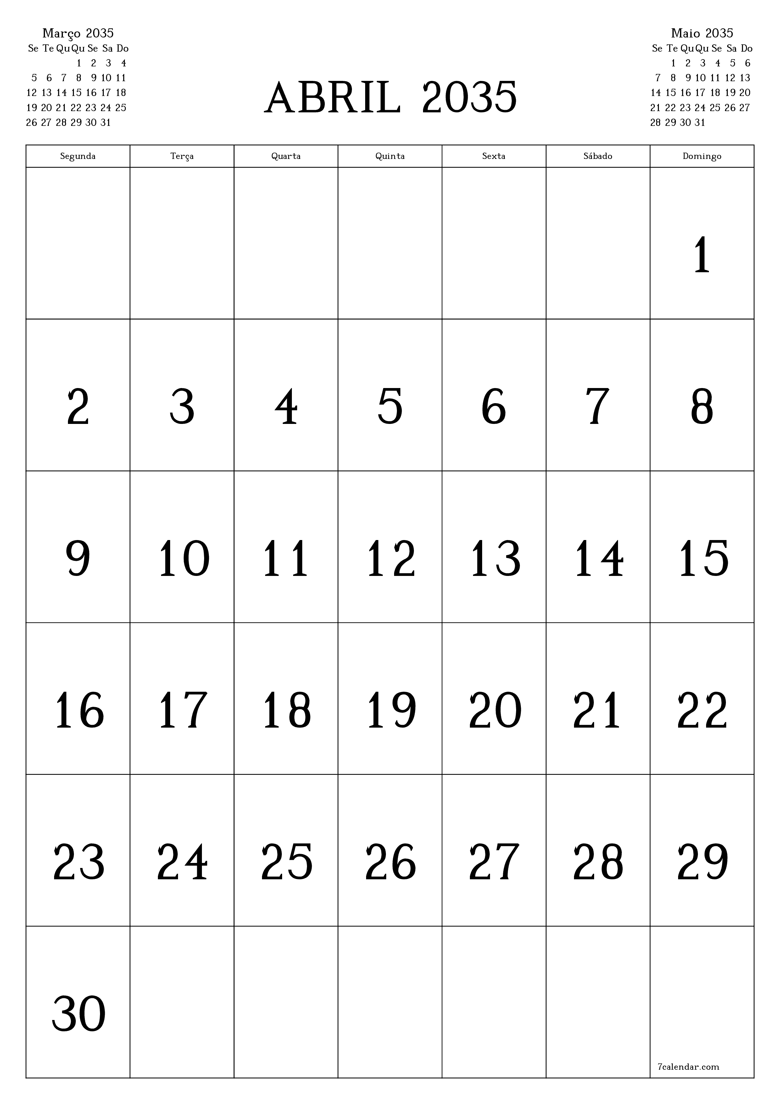  para impressão de parede modelo de grátisvertical Mensal calendário Abril (Abr) 2035