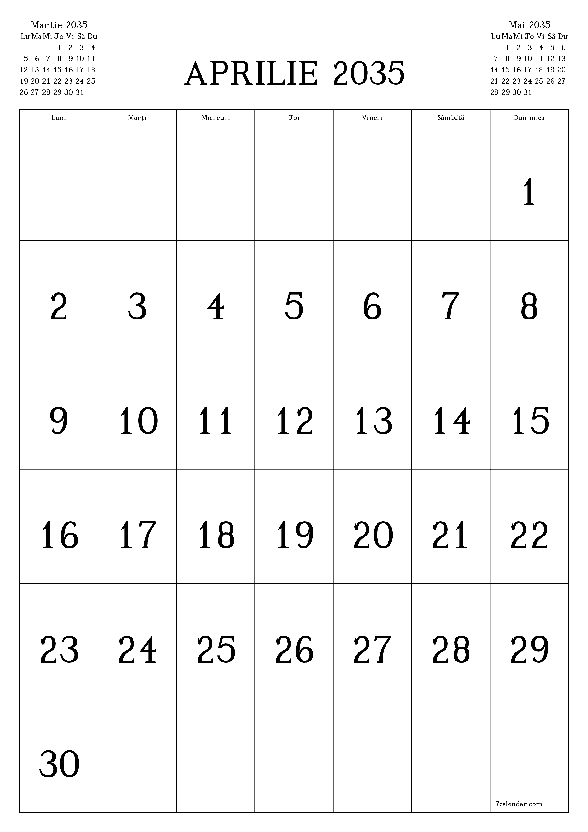  imprimabil de perete șablon de gratuitvertical Lunar calendar Aprilie (Apr) 2035
